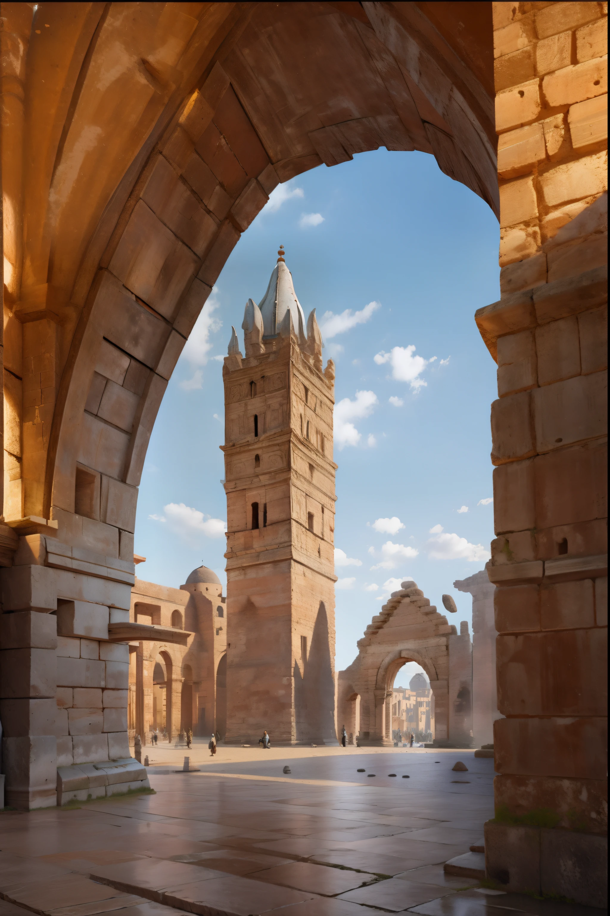 an ancient city square with archways, hyperrealistic photo