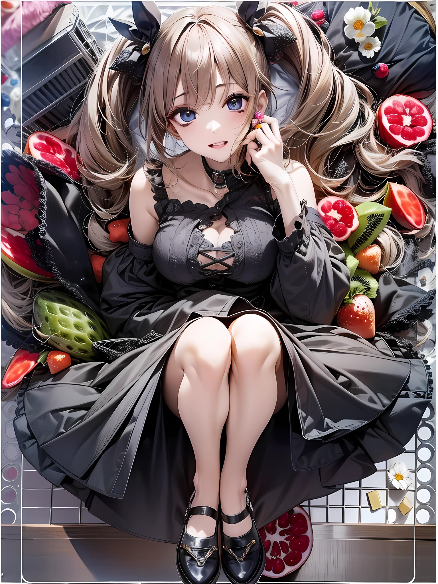 (Best Quality:1.2), (Beautiful detailed:1.2),(Detailed eyes and skin), (detailed facial features), nffsw, Perfect Style, Beautiful face, Anatomically correct, Highly detailed face and skin texture, Glossy skin, nanashi_yuzuriha, 
BREAK 
(1girl:1.3), (solo), 
(supermodel:1.2), 
Perfect Eyes, Symmetry Eyes, (dramatic makeup: 1.3), (Heavy makeup: 1.3), (perfect hand:1.2), (mall hand:1.2), 
Beautiful thighs, very detailed thighs, 
BREAK
(knolling layout with fruits:1.8), (full body:1.5), 
(extremely super hyper ultra very very maji beautiful girl :1.3), (kawaii:1.2),(colorful hair:1.2),(Harajuku fashion:1.3),