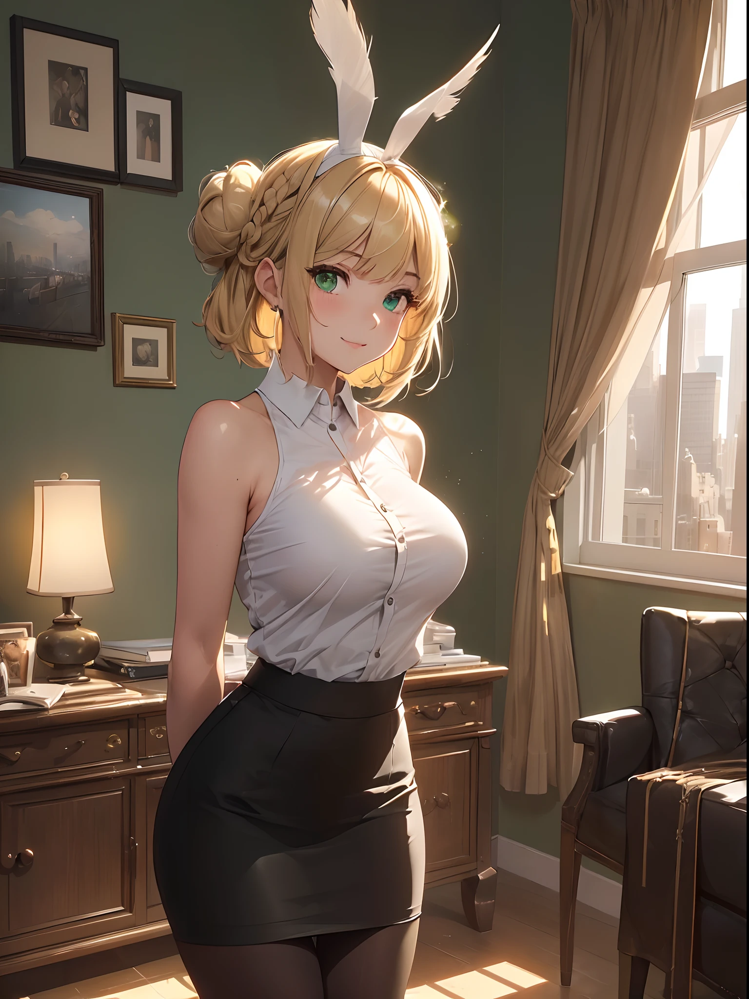 16K, HDR, UHD, best quality, masterpiece, anime style, beautiful young woman, (((16year old,perfect body,Bishojo))),(highly detailed background:1.1),((indoors)),detailed cloth texture, detailed hair texture,nice hands, perfect hands,extremely detailed eyes,(((green eyes))),(((realistic hair))),(((short hair:1.1))),(((two buns))),((shiny hair)),(((blonde hair with light brown tips))),(blunt bangs),white skin,(standing:1.2),(((arms behind back:1.3))),BREAK (((Wear black_shirt on top of naked:1.2))),(((white pencil skirt:1.2))),(((high heels:1.2))),(((black pantyhose:1.2))),BREAK (((In the heart of New York City, the clock strikes 12:38 PM, and within the prestigious confines of Twitter's headquarters at 500 E 77th St, a radiant young woman, a true New Yorker, graces the bustling scene. Her hair, meticulously styled in micro braids, frames her face with a touch of elegance. As the morning sun bathes the room in a warm glow, her infectious happiness radiates. A genuine smile adorns her face, and her eyes sparkle with joy. The open window allows the city's gentle morning breeze to embrace her, leaving glistening droplets on her skin. In this fleeting moment, she embodies the harmonious convergence of technology and the vibrant spirit of the city, a captivating illustration of a contented New York morning.))),(((gleaming skin))),(((large breasts,huge breasts,big breasts:1.1))), full body photo,(((1/3 body))), hyperdetailed face, complex, perfect, model, textured, chiaroscuro, professional make-up, realistic, rough, dominating, figure in frame, by WLOP, cinematic lighting, award winning, RTX, ray tracing, hyper realistic