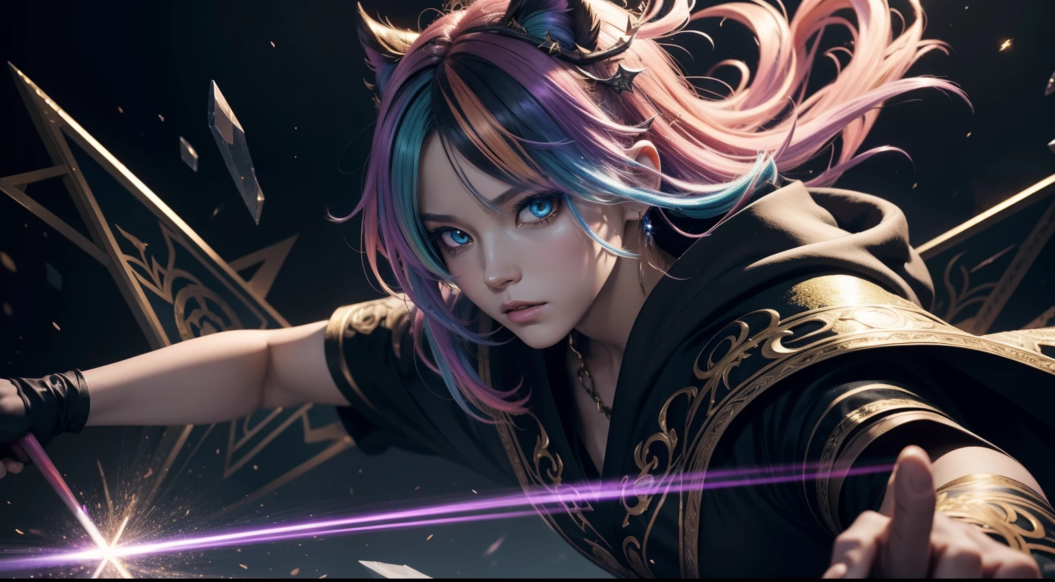 2.5d anime illustration, heinous summoner, triangle face, gradient hair, multicolored hair, rainbow hair, order and chaos ornament grunge robe, abyss wand, sharp looking, dynamic pose, ground magic circle with true devil, through the darkness, fused blowing wild and speed line, madness and corruption and violence atmosphere, glimmer, bioluminescent, intricate detailed of detail, super fine, extremely soft and delicate, lots glitter drawing background, oil painting next palette knife drawing, expert precision including intricate examples of undeniably amazing image quality and detailed design, all captured in sharp focus, rendered in stunning 32k resolution,