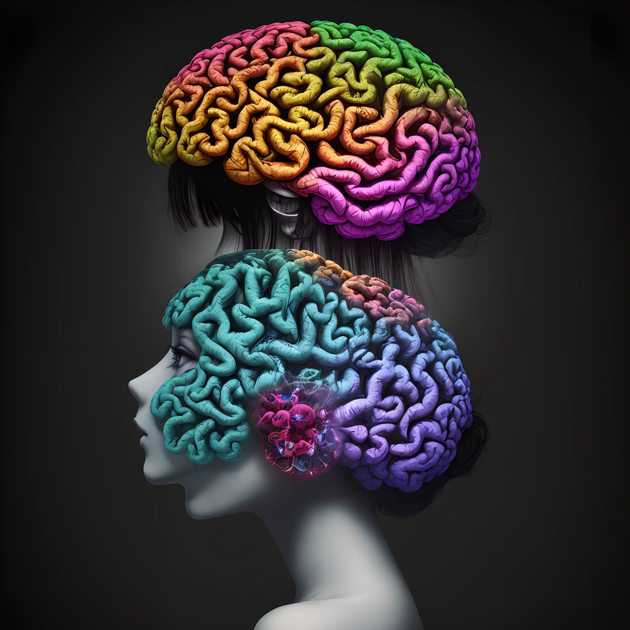 /imagine prompt: A transparent model of a brain floating in the air, consisting of three different colored parts. The instinctive brain is red, the emotional brain is blue, and the rational brain is green. Neurons of different colors flicker in the brain, symbolizing the activity and communication of thoughts, by Makoto Shinkai --niji 5