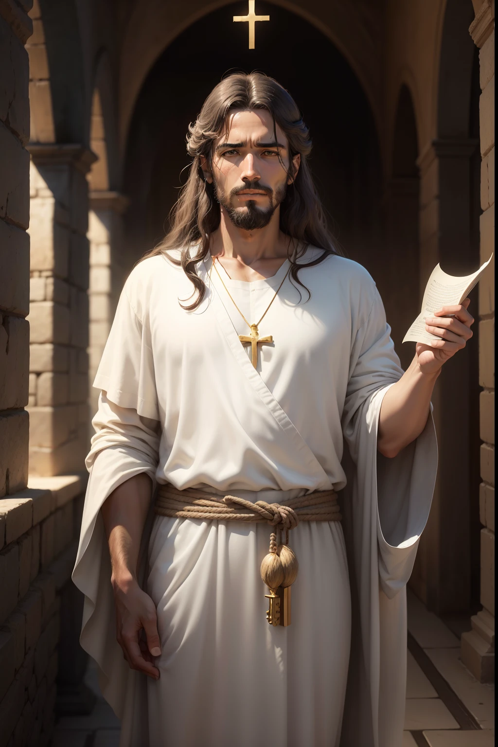 "Imagine uma imagem de Pedro, the Apostle of Christ, in high resolution. He is dressed in simple clothes, like a long robe and a tunic, typical of the time. His face is wrinkled, showing wisdom and experience. Ele tem cabelos e barba castanhos, levemente grisalhos. Her eyes are deep and expressive, conveying a mixture of determination and compassion. Peter is standing, com uma postura ereta, Transmitting strength and confidence. He holds a key in one hand, simbolizando seu papel como "The Key to the Kingdom of Heaven". Ao fundo, there is a serene landscape, with blue sky and some white clouds. A luz do sol ilumina suavemente Pedro, destacando sua figura. The image conveys a sense of serenity and spirituality, capturing the importance and significance of Peter as one of the chief disciples of Jesus Christ."