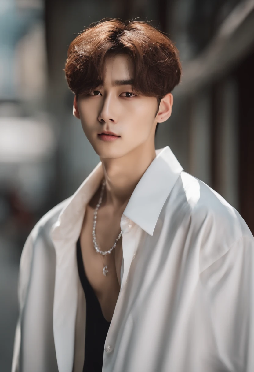 a man with a necklace and a shirt standing in front of a white background, Cai Xukun, Yanjun Chengt,, ele tem cabelos castanhos curtos e cacheados, Inspirado em Jeonseok Lee, he has an elongated head shape, XQC, com o mesmo penteado, solid background