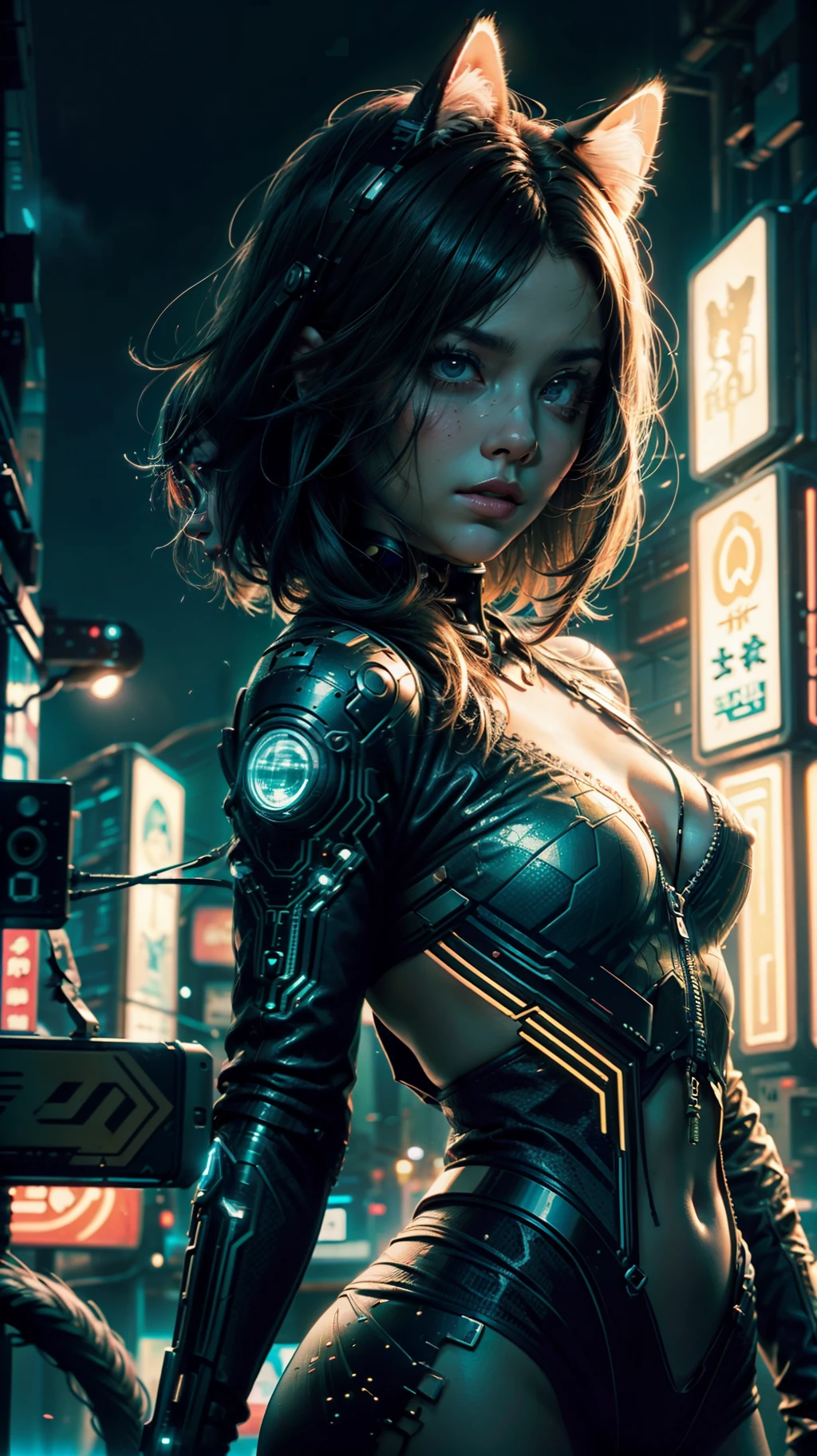 Beautiful image of Reika Shimohira as a (Cyberpunk Nekomata catgirl), slender body, cat ears, cat tail, ((dynamic pose)), science fiction, cyberpunk city in the background, Gantz, Cyberpunk 2077, Ultra realistic photo, masterpiece, best quality, CG, wallpaper, HDR, high quality, high-definition, extremely detailed, {beautiful detailed face}, {beautiful detailed eyes}, (detailed light){{intricate detail}}, {highres}, ((detailed face)), neon light, chiaroscuro, key visual, intricate detail, highly detailed, breathtaking, vibrant, cinematic lighting, 18+, Nsfw