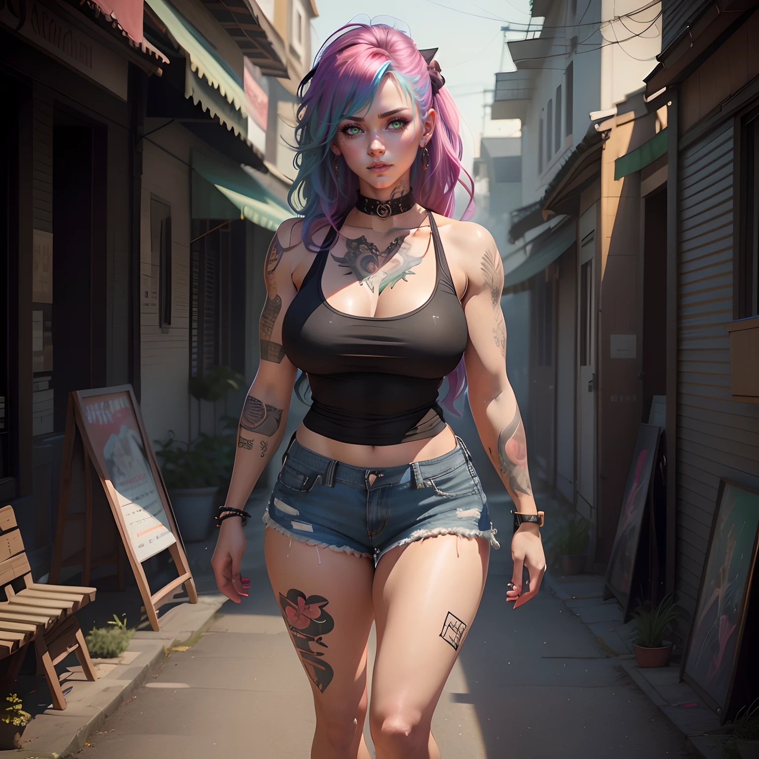 Heavily tattooed realistic woman posing for a photo, ((rainbow mullett hair)), (green eyes), hair with many details, low cut neckline, large breasts, 8k artgerm bokeh, fanart best artstation, render photorealistic girl, guweiz-style art, inspired by WLOP, ig model | artgerm, detailed portrait of realistic girl, stunning portrait of realistic face, beautiful portrait, deviantart artstation cgscosiety, ((full body in a black tank top, tiny jean shorts and heavy eye makeup)) eerie night background