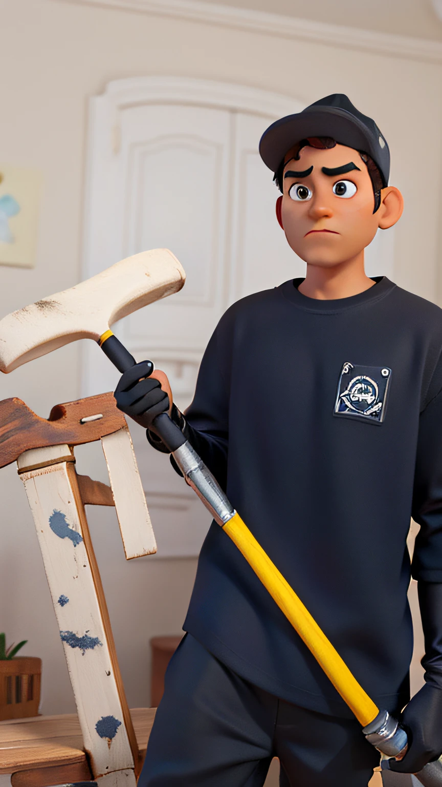 3D, style pixar, boy, with dark skin, black eyes, wearing a cap on his head, wearing black gloves, wearing a white long-sleeved shirt, black pants, holding a paint roller