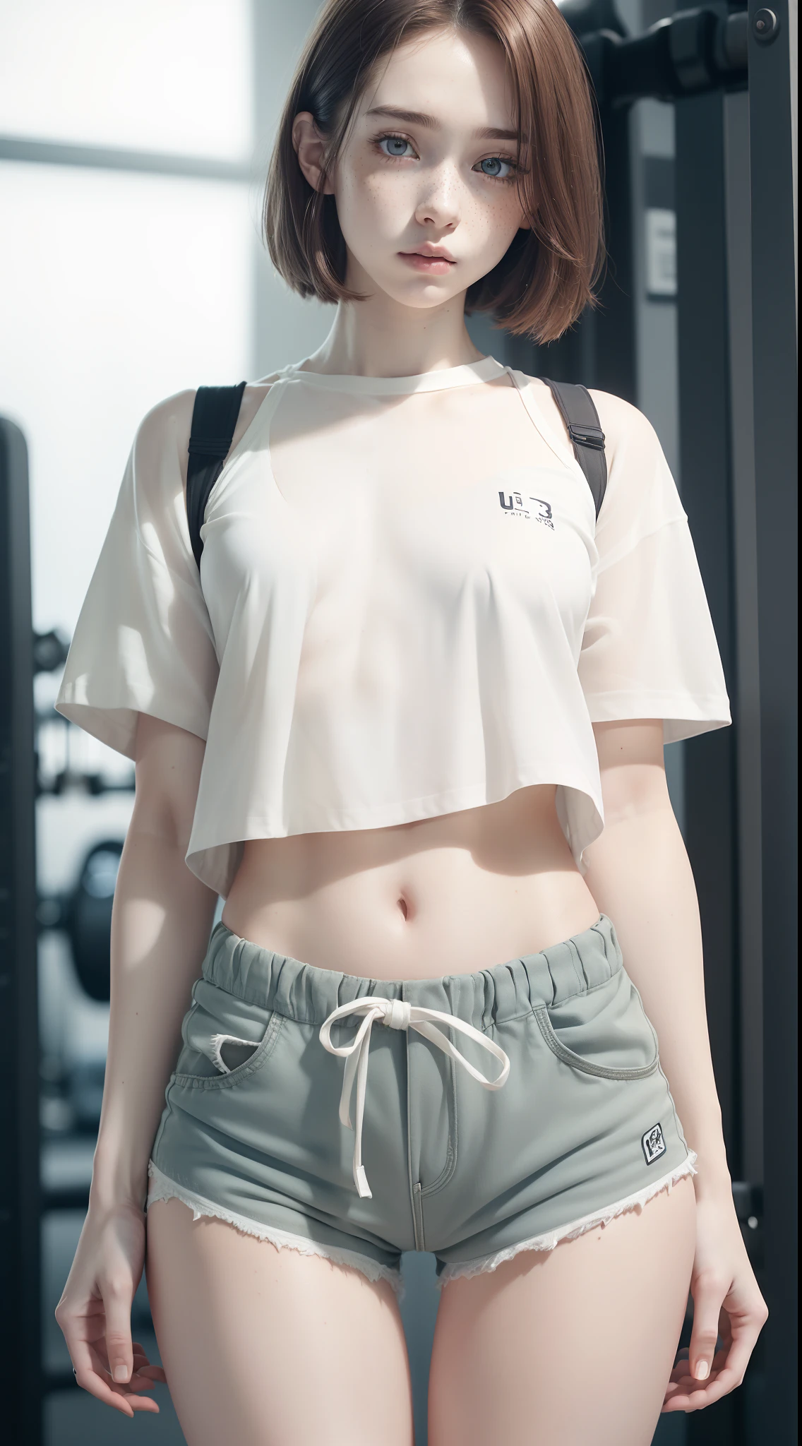 dynamic pose,1girl,pale skin,delicate face,freckles,intricate details,(baggy shirt,gym short shorts:1.3),small waist,(wide thigh gap:1.3,thick thighs:1.3),white background,(best quality:1.2,ultra-detailed,realistic:1.37),portrait,soft colors,polished lighting