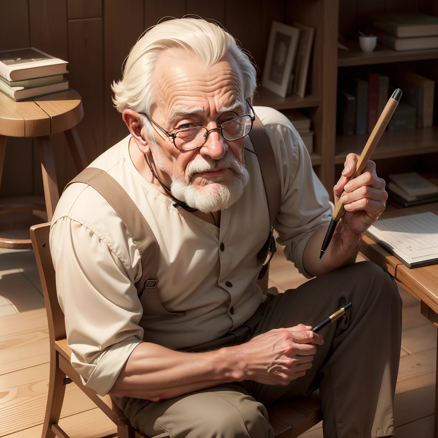 An image  of an old man sitting on a wooden stool holding a huge pencil and kissing it, caricature style, high quality
