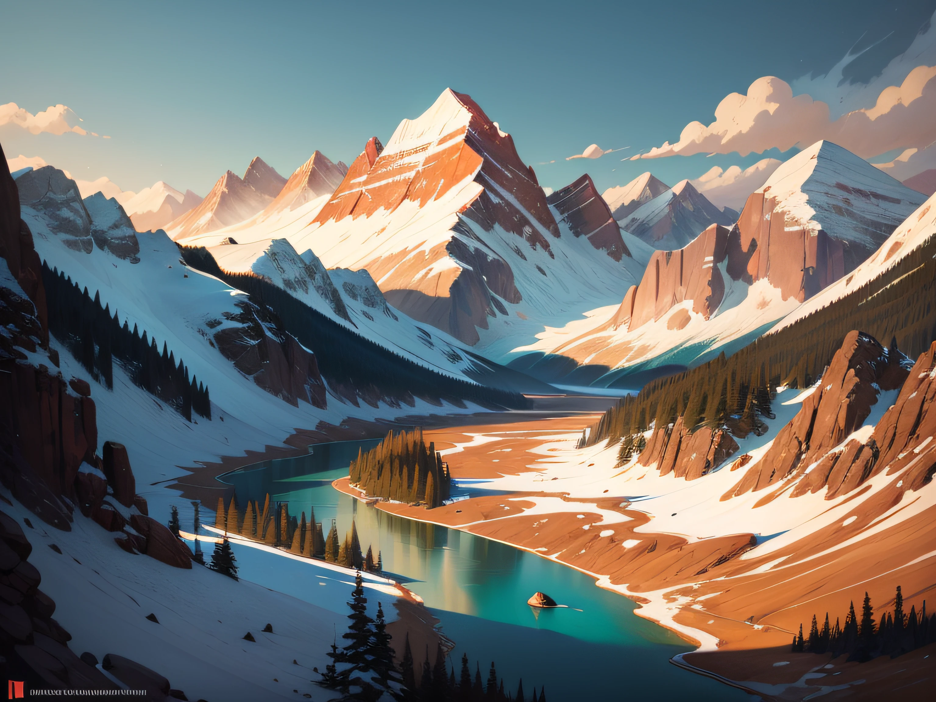 a painting of a mountain scene , rocky mountains and a river, landscape illustration, mountains and lakes, stylized digital illustration, travel poster, in style of digital illustration, painterly illustration, vibrant tourism poster, vector behance hd jesper ejsing, inspired by A. J. Casson