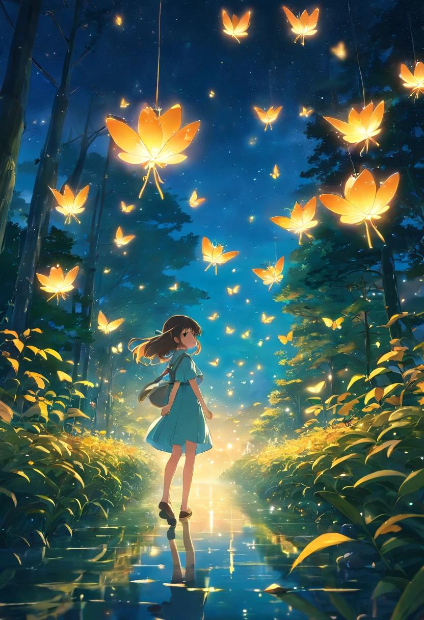 Landscape, Anime landscape field of glow flowers and lots of glow butterflies flying around in the of standing back japanese girl with long dress, bery many lots of glow butterfly, fireflies, very many lots of fireflies, makoto shinkai cyril rolando, kimi no nawa meteor, anime art wallpaper 8k, Top quality masterpiece, deep focus, macro shot, fliying fireflies, lots lamp, falling leaf, falling lead is a strong glow light, glow particle, anime, object, girl (girl walking a long masterpiece) (long object), color combination masterpiece, glow light, morning, night, reflection, beautiful anime scene, japanese concept landscape art, volumetric lighting, bokeh, anime beautiful peace scene, many lots of fliying butterfly glow, pure lanscape, 4k beautiful anime, intricate, elegant, point of interest photography, perfect night landscape anime (masterpiece, side natural lighting, finely detailed beautiful clear night lanscape), long hair, lots of hair, clear sky, ray of light, rule of third photography, point of interest photography, perfect landscape color tone, leaf, falling leaf, dew, little water, Fog, saturation glow light,