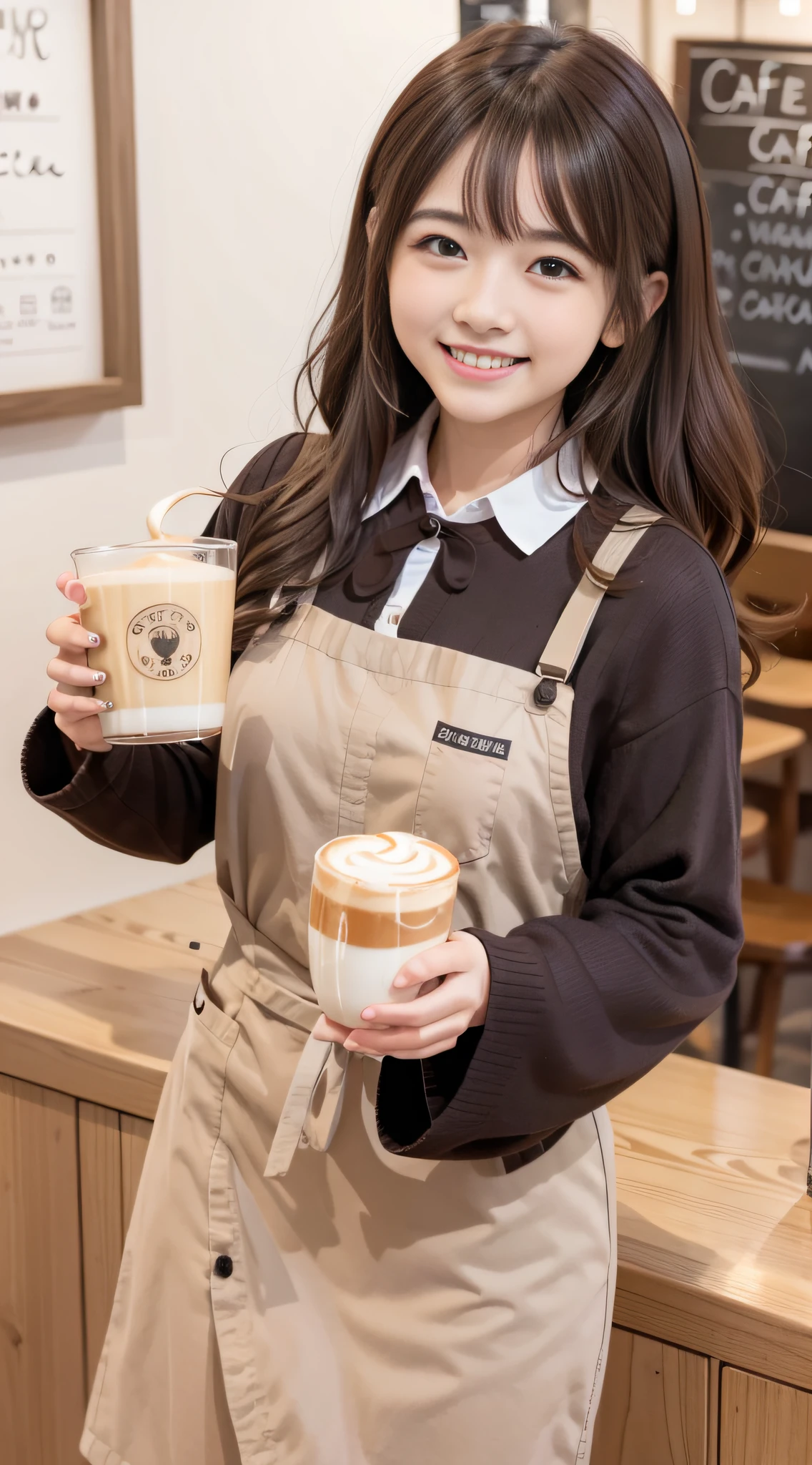 one girls、wavy curly hair、Cafe clerk、Latte art, Happy smiling face, Brown hair,