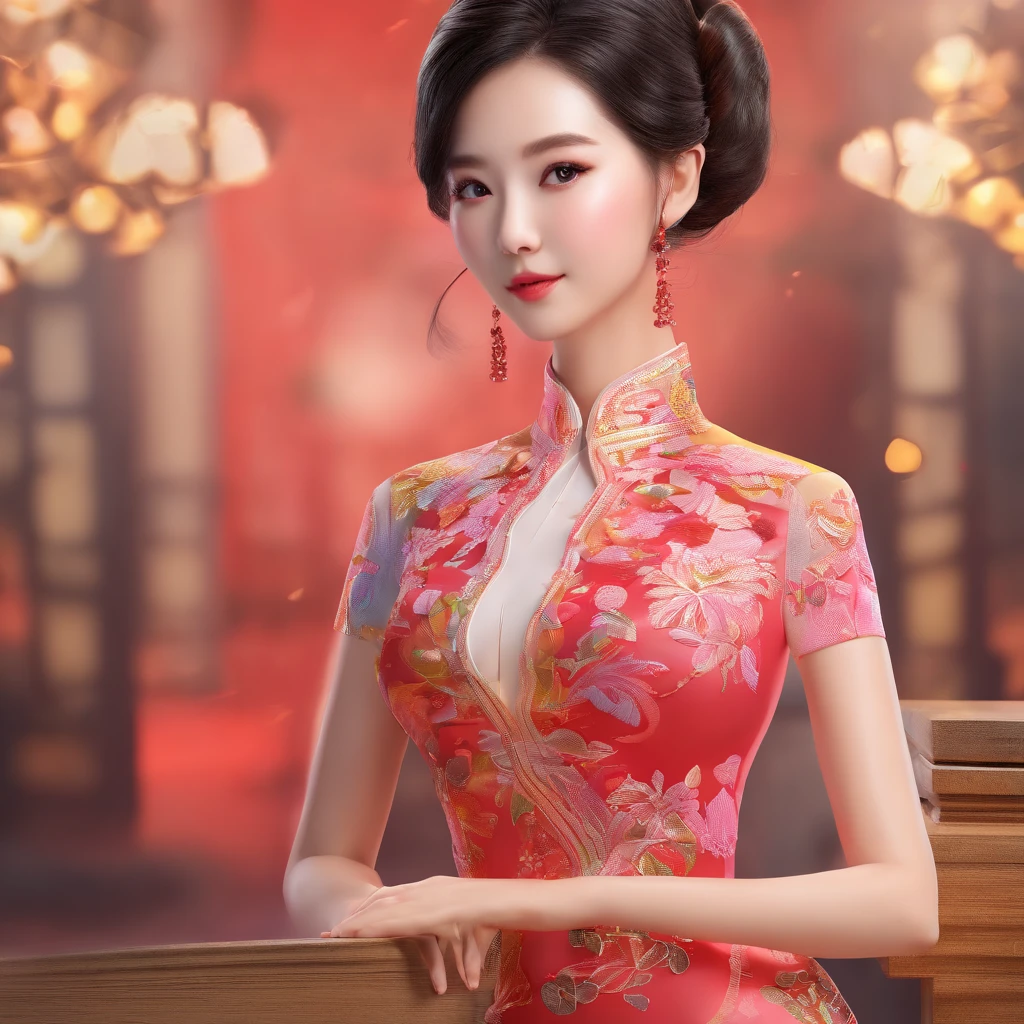There is a woman in a cheongsam, 2 7 anos, 2 8 anos, 2 9 anos, 3 2 anos, Maquiagem Delicada, Ye Wen, 2 3 anos, Rosto redondo, Lian bonito, tiara dourada, pearls necklace, Hairpin de Jade