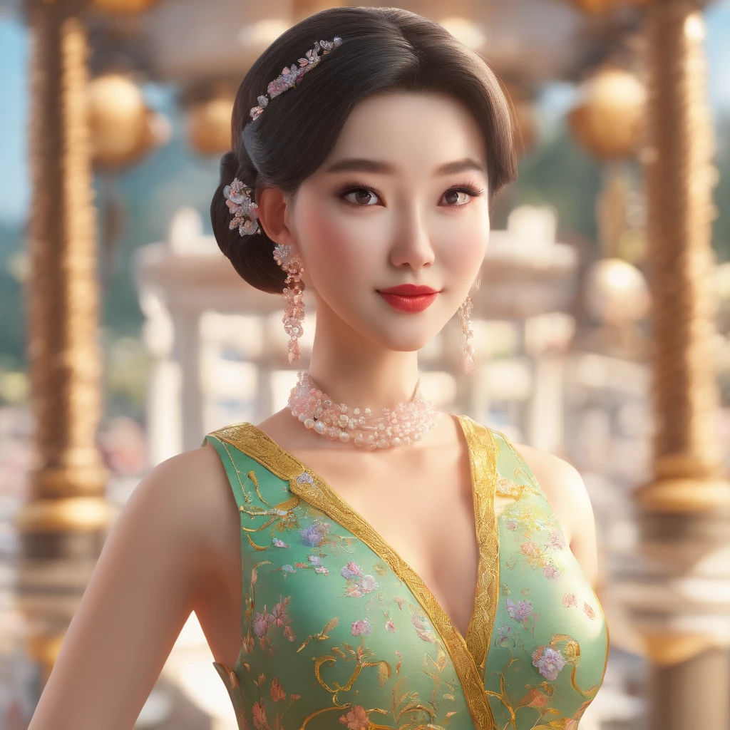 There is a woman in a cheongsam, 2 7 anos, 2 8 anos, 2 9 anos, 3 2 anos, Maquiagem Delicada, Ye Wen, 2 3 anos, Rosto redondo, Lian bonito, tiara dourada, pearls necklace, Hairpin de Jade