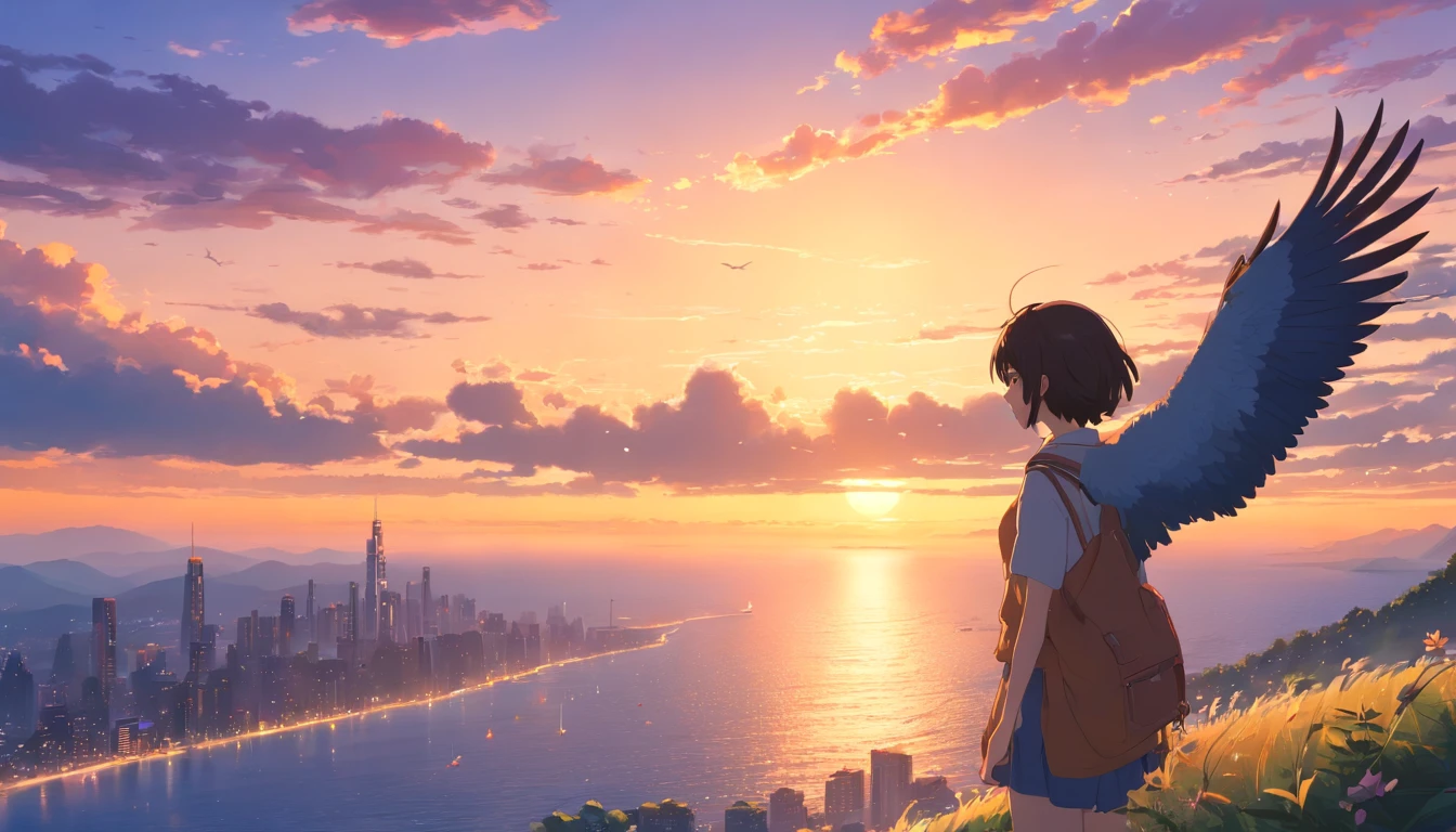 (extremamente detalhado CG unidade 8k papel de parede, master part, melhor qualidade), stunning sunset, majestic eagle flying over the horizon.