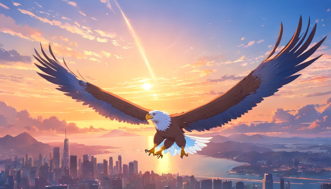 (extremamente detalhado CG unidade 8k papel de parede, master part, melhor qualidade), stunning sunset, majestic eagle flying over the horizon.