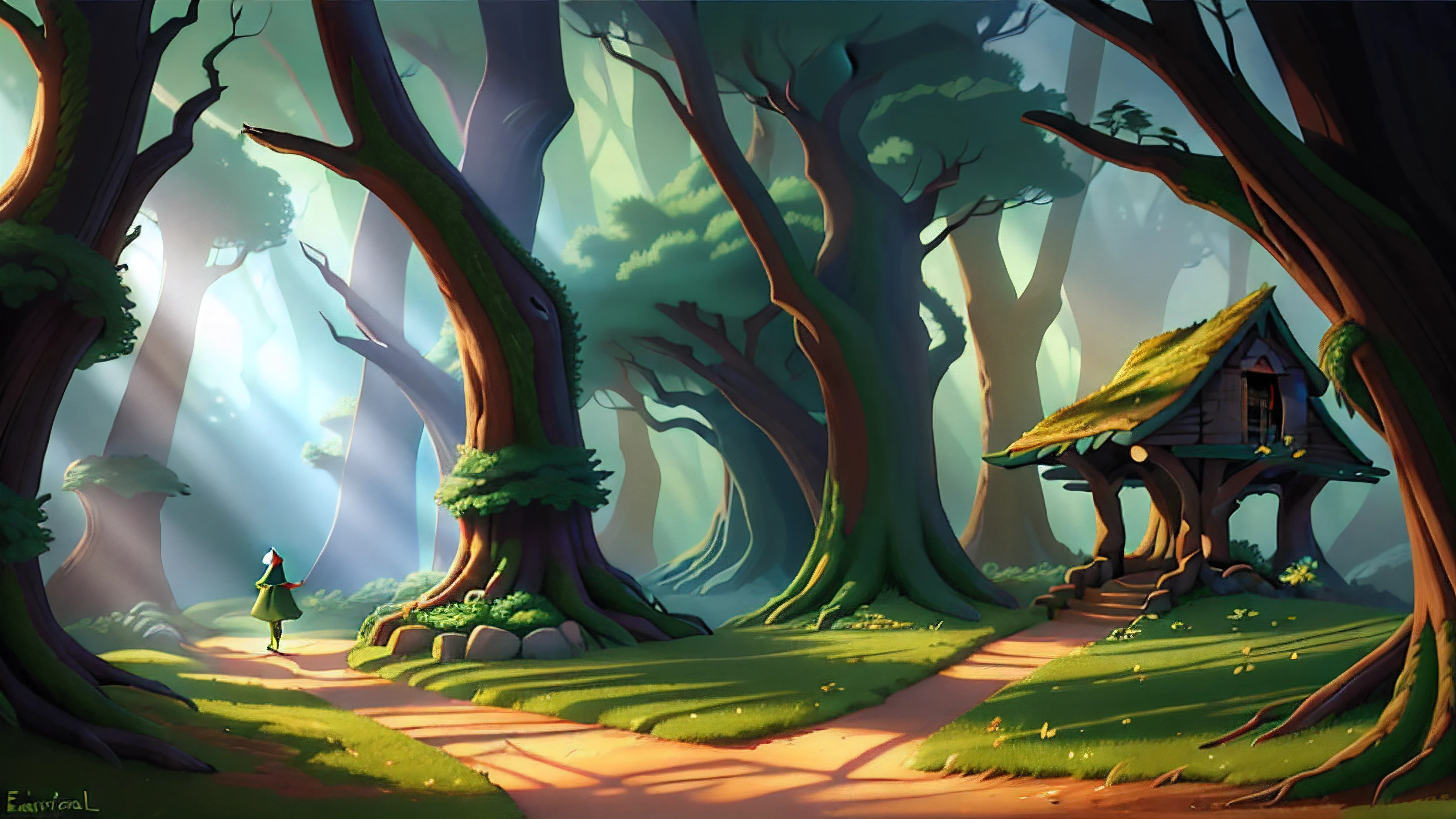 a close up of a cartoon style picture of a forest with a path, fantasy forest environment, elf forest background, enchanted and magic forest, enchanted magical fantasy forest, magical fantasy forest, forest portal, fantasy forest landscape, stylized concept art, fantasy forest background, magical forest background, fantasy forrest background, concept illustartion, fantasy game art style
