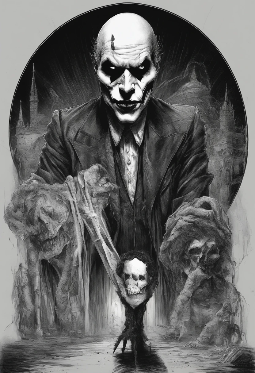 A sketch drawing of the joker skull character, hyper-realistic, artistic, tudo preto e branco onde ela usa um vestido de noiva , with long puffy sleeves, platform heels, large breasts, wide hips, thin waist, long black hair up to the knee;