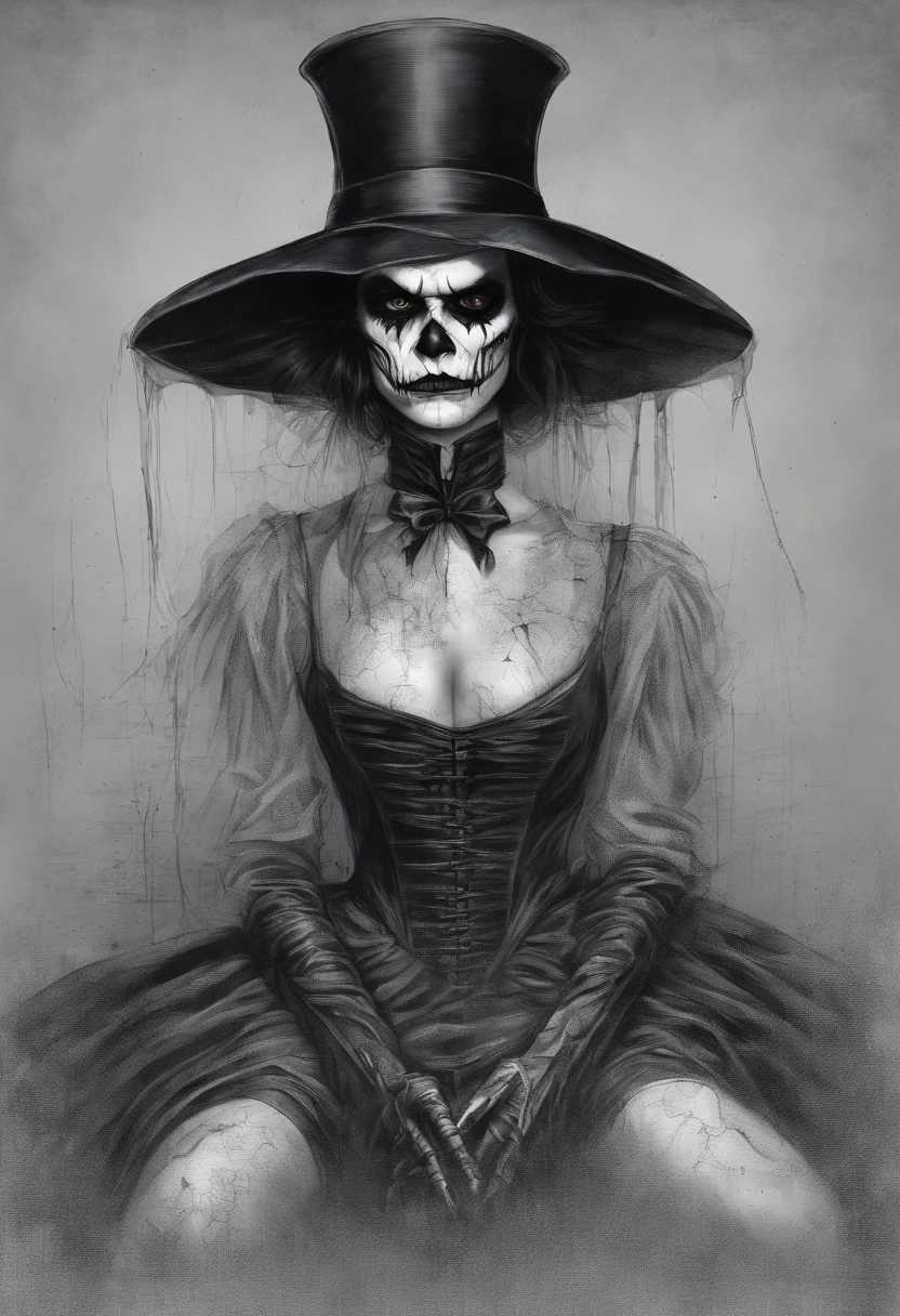 A sketch drawing of the joker skull character, hyper-realistic, artistic, tudo preto e branco onde ela usa um vestido de noiva , with long puffy sleeves, platform heels, large breasts, wide hips, thin waist, long black hair up to the knee;