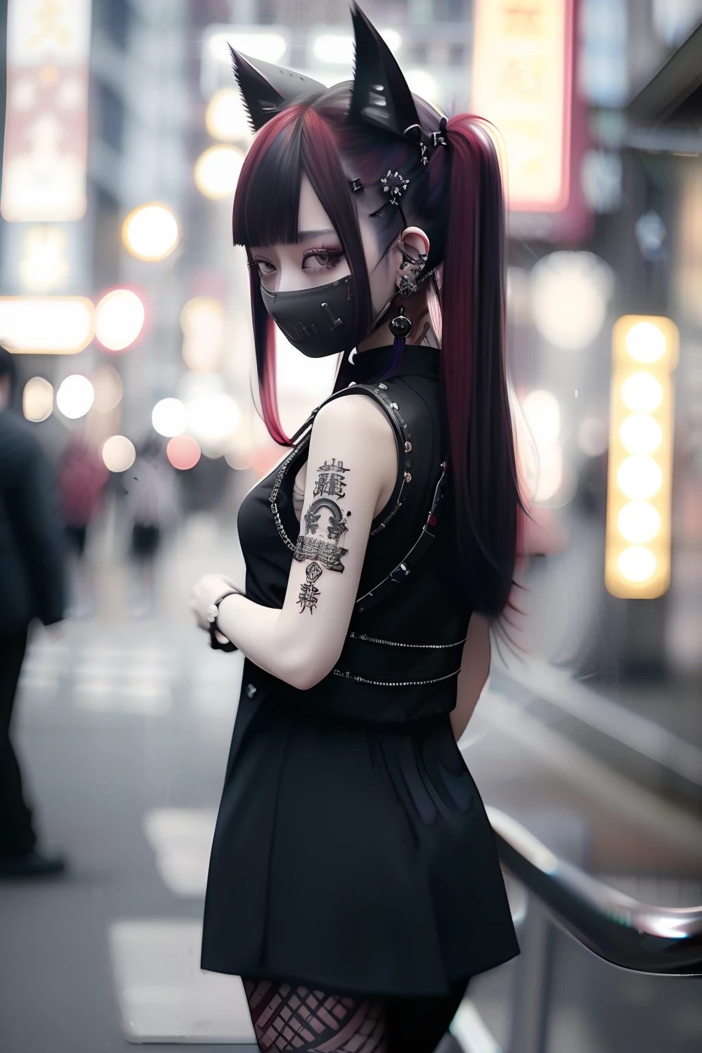 Sleeveless、The tattoo、bright red、Really red、Red、Red-haired、rot、red hairs、head phone、🎧、goth_punk, 1girl in, 独奏, medium shot, Walking in Harajuku, ((during night)), bokeh dof, Neon light, Iridescent eyes, starrysky, red glowing hair, Black eyebrows, Radiant hair, (iridescent red hair), 耳Nipple Ring, bangss, jewely, masks, bluntbangs, verd s eyes, Mouth mask, blurry backround, bblurry, hair adornments, Look at viewers, shorth hair, portraitures, side locks