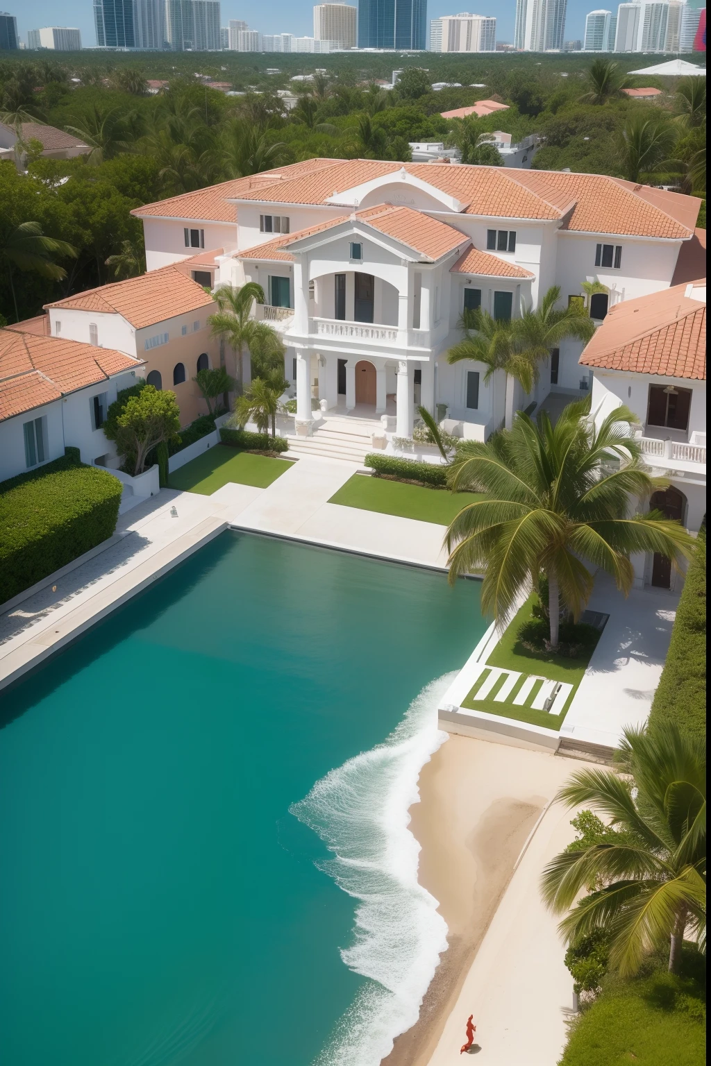 Miami mansion, surrounded by buildings, cercado de aguas cristalina, piscina com cascata, iates nos lagos, vista pro mar, Ferrari Red Convertible