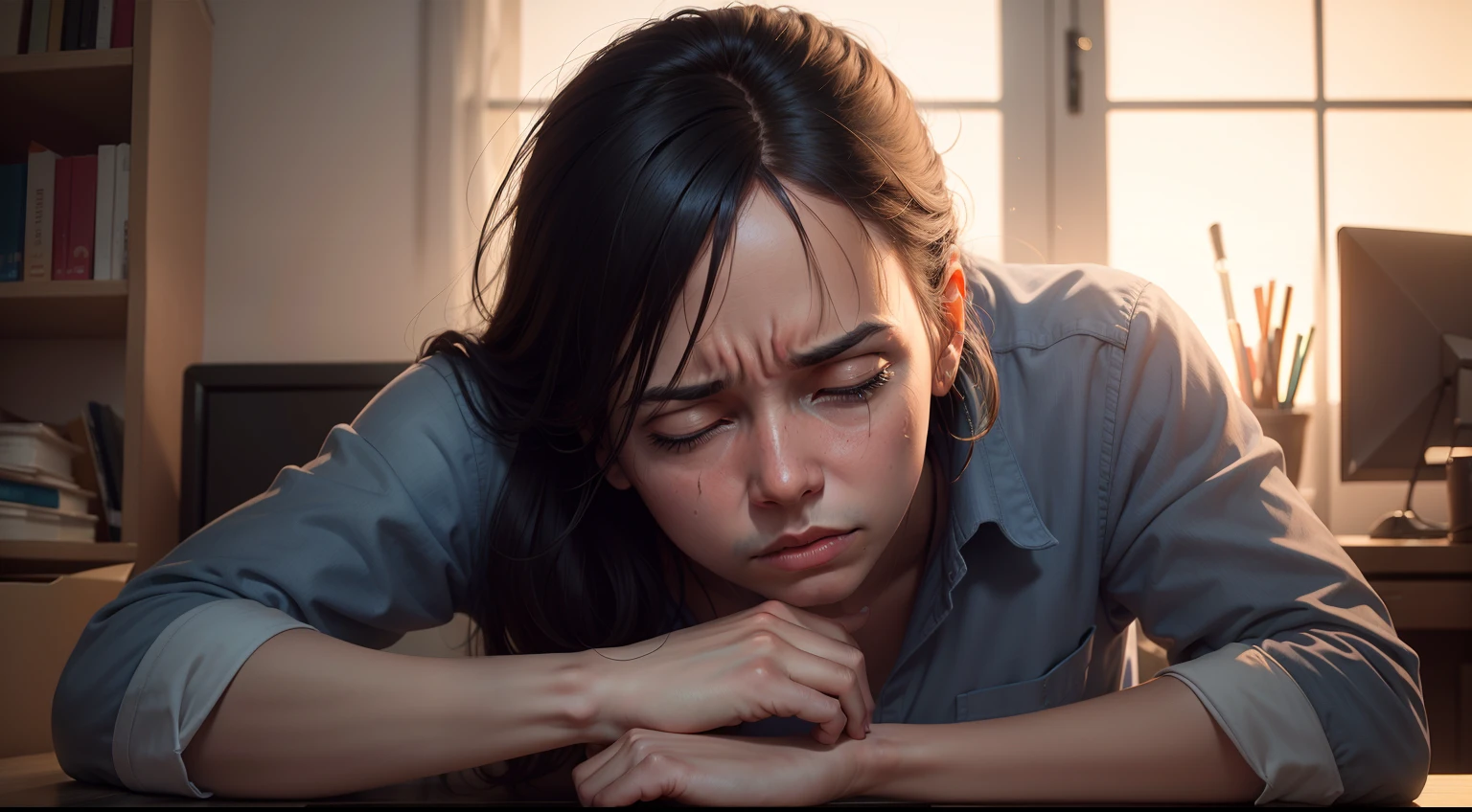 create realistic image of tired person after a day at work