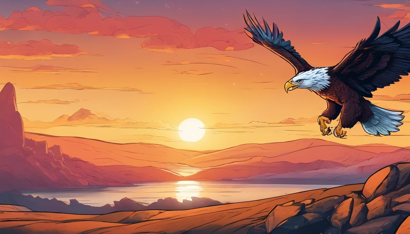 (extremamente detalhado CG unidade 8k papel de parede, master part, melhor qualidade), stunning sunset, majestic eagle flying over the horizon.