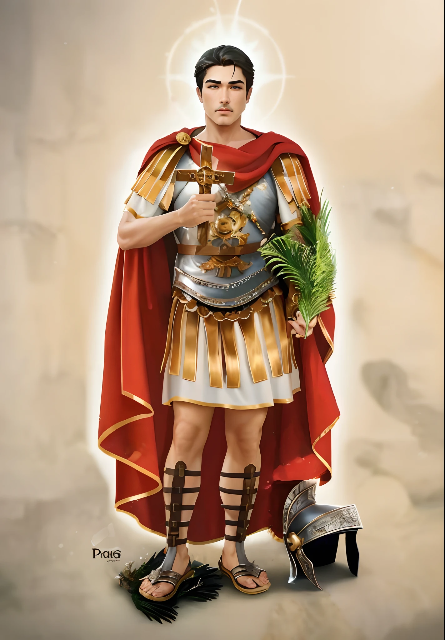 Uma pintura de um homem vestido com roupas romanas segurando uma cruz, inspirado em Pogus Caesar, por Pogus Caesar, inspired by Caesar Andrade Faini, inspirado em Caesar van Everdingen, vestido com armadura romana, inspirado em Roman Bezpalkiv, caesar victorious, Dean Cain as Roman statuette, inspirado em Augustus Dunbier, vestidos com roupas romanas