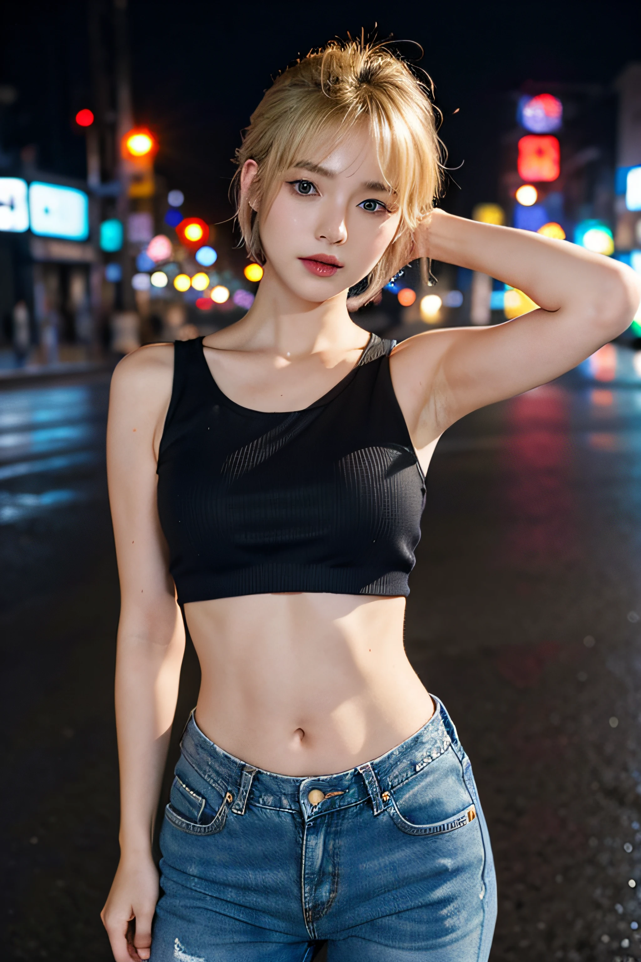 1girl、Streets of Osaka、natta、A city scape、city light、The upper part of the body、a closeup、8k、RAW Photography、top-quality、​masterpiece、realisitic、Photorealsitic、a navel、denim pant、Tank tops、a blond、short-hair、woman posing for a photo、