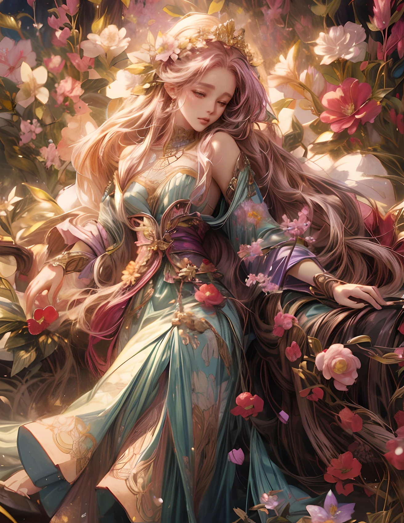 a woman with long hair and a dress is laying down in a garden, anime fantasy illustration, beautiful anime art, beautiful anime artwork, fantasy style art, flower goddess, beautiful fantasy art, fantasy art style, anime fantasy artwork, beautiful fantasy maiden, detailed fantasy art, beautiful character painting, alphonse mucha and rossdraws, detailed anime art, beautiful digital artwork