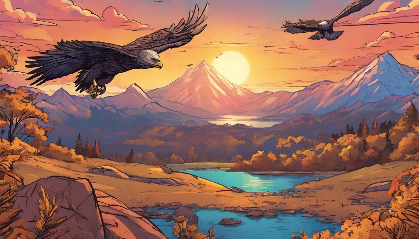 (extremamente detalhado CG unidade 8k papel de parede, master part, melhor qualidade), stunning sunset, majestic eagle flying over the horizon.