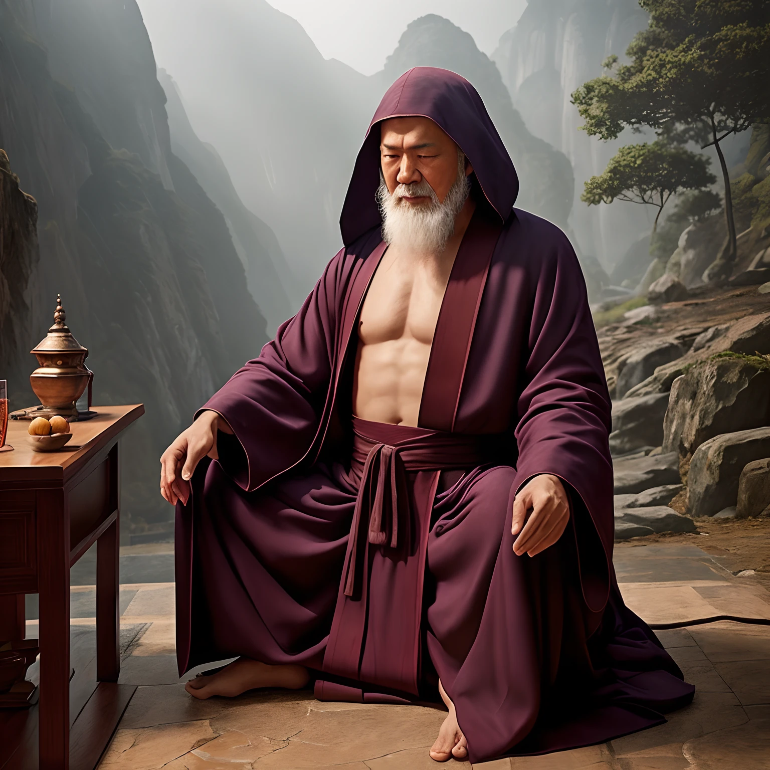 Old monk in robe prayers in pose , Directed by: Fang Congyi, Arte realista, (atmosfera escura:1.5), cinemactic, intrincado, 8k