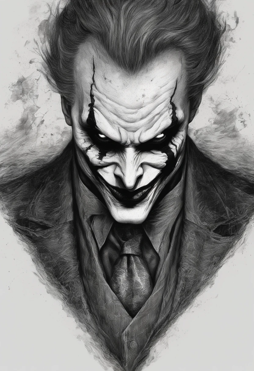 A sketch drawing of the character of the joker skull, hyper-realistic, artistic, tudo preto e branco onde ela usa um vestido de noiva , com mangas compridas inchadas, salto plataforma, seios grandes, quadris largos, cintura fina, cabelos longos, eyes pulled large nails with lots of rings with fleshy mouth eyes pulled oriental style standing and not sitting