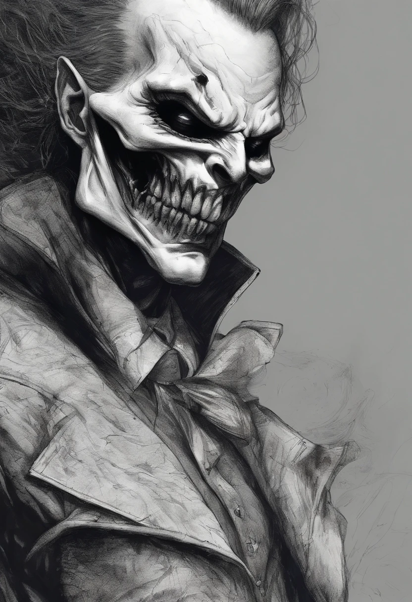 A sketch drawing of the character of the joker skull, hyper-realistic, artistic, tudo preto e branco onde ela usa um vestido de noiva , com mangas compridas inchadas, salto plataforma, seios grandes, quadris largos, cintura fina, cabelos longos, eyes pulled large nails with lots of rings with fleshy mouth eyes pulled oriental style standing and not sitting