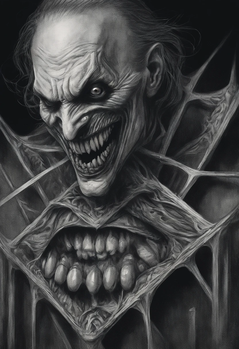 A sketch drawing of the character of the joker skull, hyper-realistic, artistic, tudo preto e branco onde ela usa um vestido de noiva , com mangas compridas inchadas, salto plataforma, seios grandes, quadris largos, cintura fina, cabelos longos, eyes pulled large nails with lots of rings with fleshy mouth eyes pulled oriental style standing and not sitting