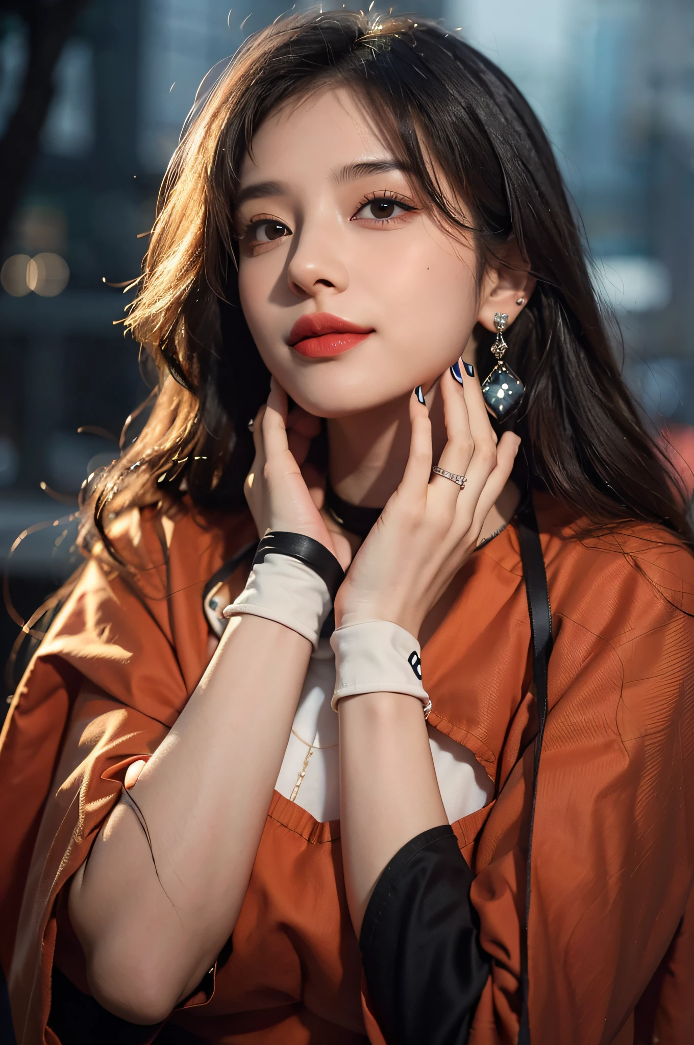 Pilyeon, Solo, 1girl in, Black nails, Jewelry, Short hair, Looking at Viewer, Choker, Necklace, hand on own face, Piercing, White background, heart mark, Closed mouth, grey eyes, nail polish, Simple background, Grey Hair, ear piercings, Black Choker, Smile, Eyelashes, Lips, hands on own cheeks, Bangs, Bracelet, bead, Pedras preciosas, earrings, Fingernails