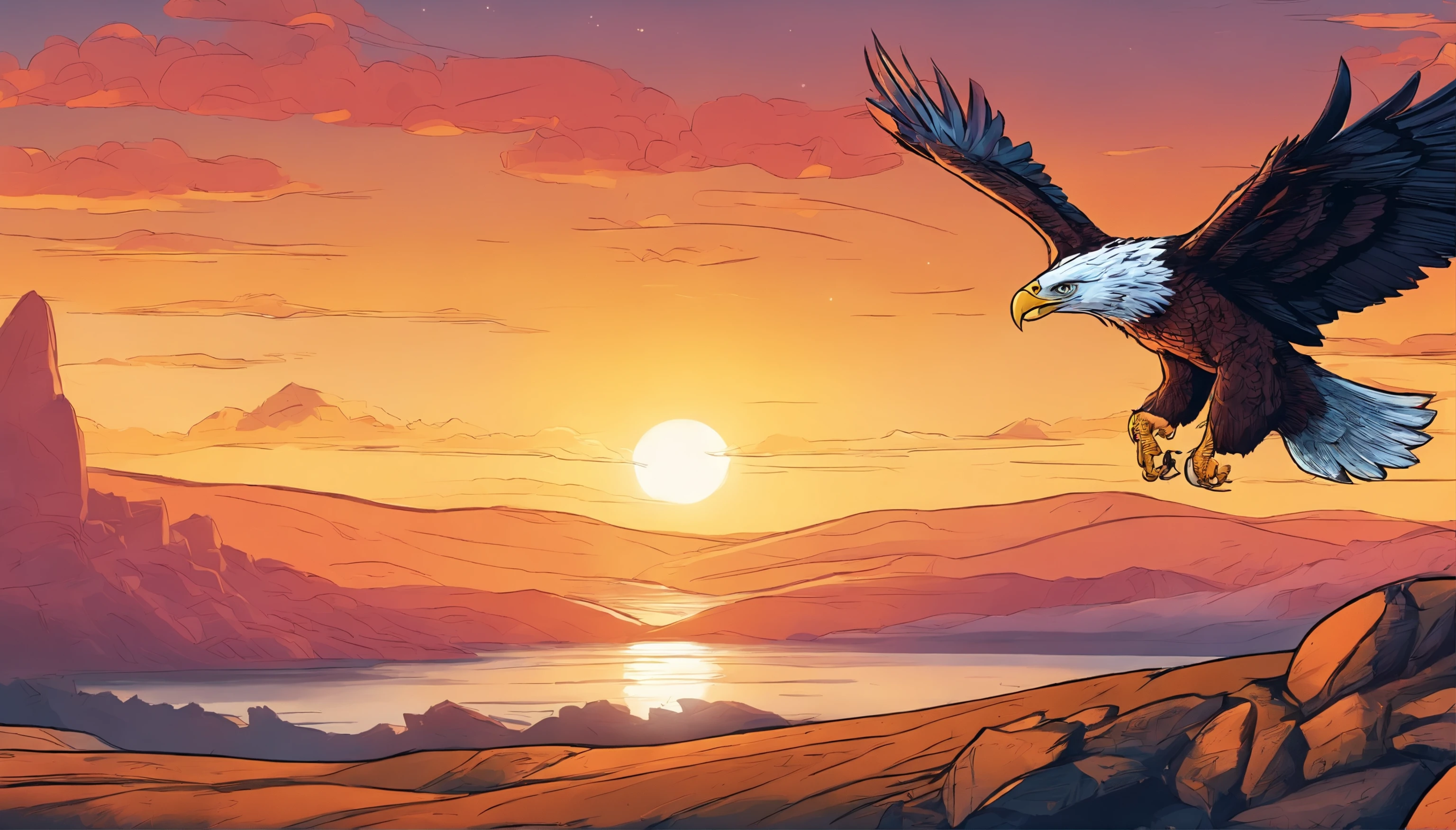 (extremamente detalhado CG unidade 8k papel de parede, master part, melhor qualidade), stunning sunset, majestic eagle flying over the horizon.