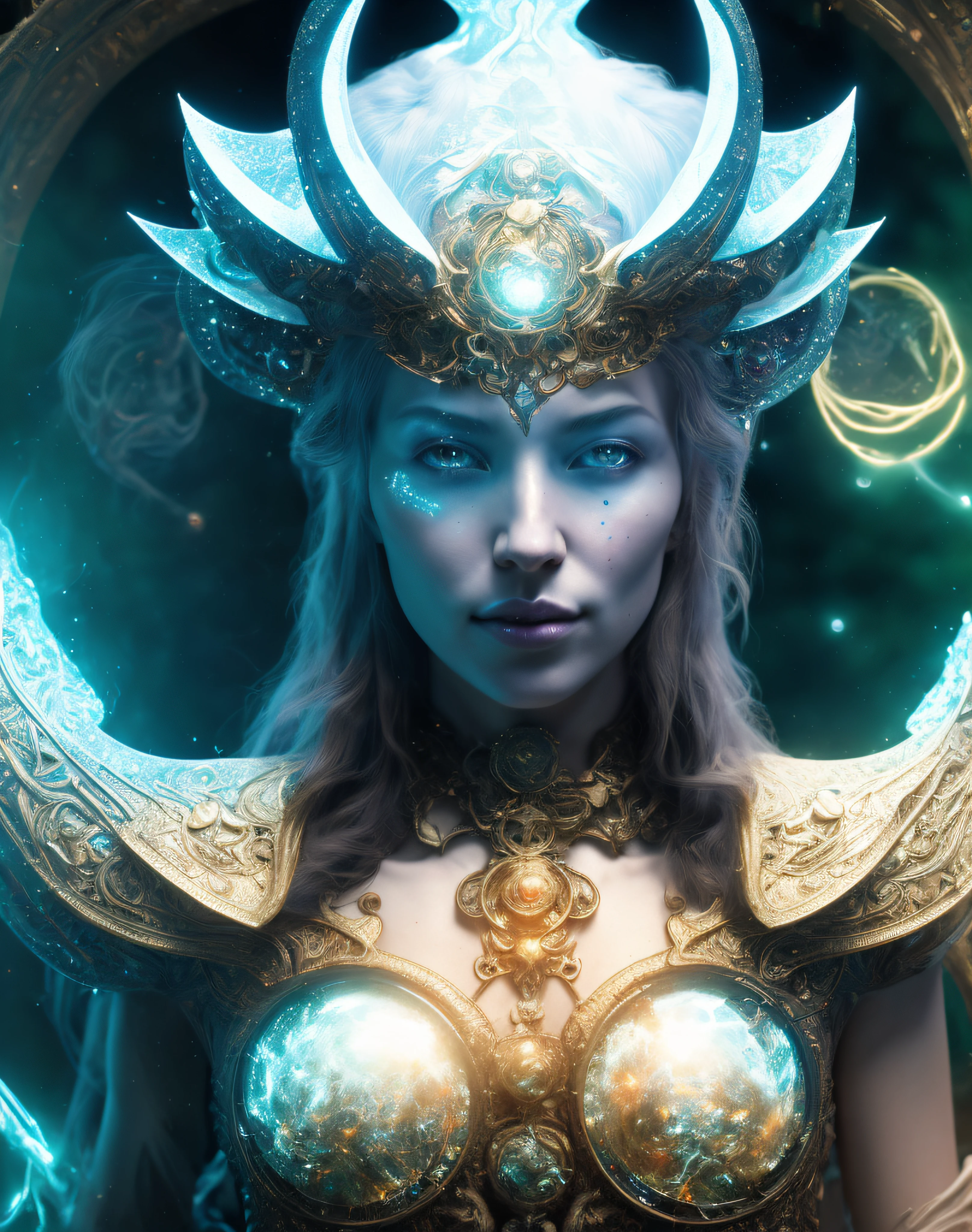 Algorithmically enhanced random close-up view of a cosmic being covered in powerful Ultra Arcane magic sigils wearing an intricate living lightning fractal mane and lavishly adorned attire reflecting tactical sun-motes and diamond moon shards, quasi-cosmic vortex sub-model, bright nebulae in the background, 7th-Sphere characterized, golden ratio-ed, inner bio-illuminated geometry, starkest contrast,flagrantly fibonacci formulated, dynamic bi-lateral asymmetry, super-critically unique, quantum feedback algorithm frenzy, hyper-realistic, post singularity AI imperative, ironically staggered data set, active 3D shading, lighting and focus, random 3D particle effects, rule of thirds, Unreal Engine 10, art station, Maximum Level of detail, concept art, art nouveau, 8k, Iridescent Primalight, Hawking radiation collector with lucidity crystallizer and grade A temporal accumulator, spontaneous Kozyrev Mirror refraction, cosmic ray visionary, innate Jail Break Protocol