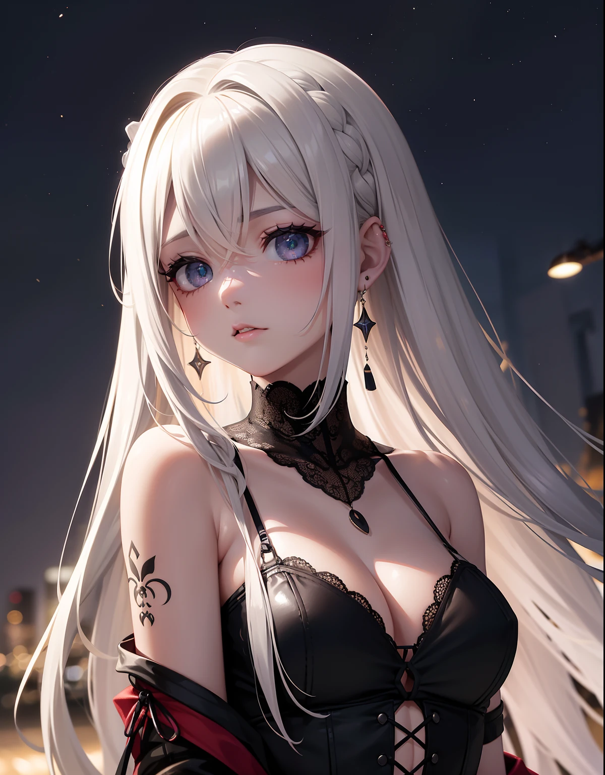 Mangas、A tatuagem、vermelho brilhante、Vermelho mesmo、vermelho、Ruivo、vermelho、cabelos ruivos、fone de ouvido、🎧、lo gothic_punk, 1girl em, solo, medium shot, caminhando em Harajuku, ((durante a noite)), bokeh dof, Neon light, olhos iridescentes, starly sky, cabelos vermelhos brilhantes, Sobrancelhas pretas, Cabelos radiantes, (cabelos ruivos iridescentes), 耳Nipple Ring, franja, joias, masks, Bluntbangs, Olhos verdes, mouth mask, Backround desfocado, borrado, adornos de cabelo, Olhe para os espectadores, cabelo curto, retratos, fechaduras laterais
