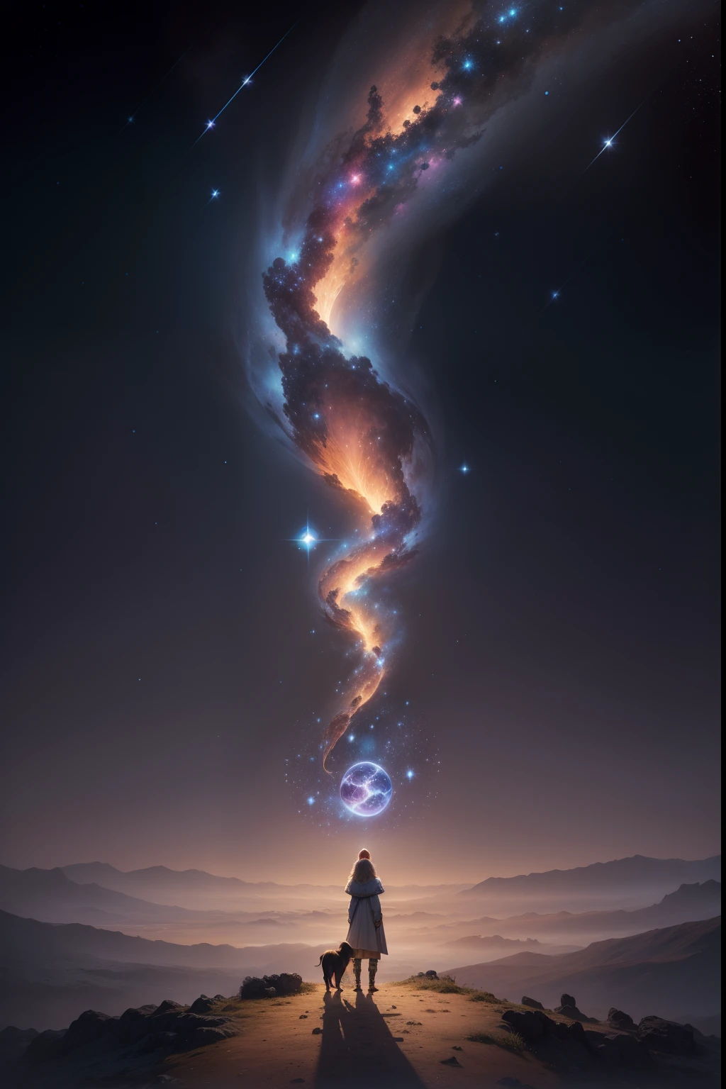 A fantasy landscape scene with a divine animal like a dog made of a constelation (stars). A strand of DNA subtly extends from the dog. The dog's fur is rich in textures and colors, symbolizing the complexity of its genetic heritage. Surrounding the dog, there are a series of symbolic elements representing evolution and ancestry. In the background, blurred images of embryos and ovular cells blend into the landscape. Stars, nebulas, and galaxies form a cosmic tapestry that evokes the vastness of time and space, emphasizing the idea of life's continuity over centuries, a human figure extending a hand toward the dog, symbolizing the empathy and care mentioned in the poem. The human hand also holds a scale, representing the "scale of ancestral barks" and the concept of balance in heredity.