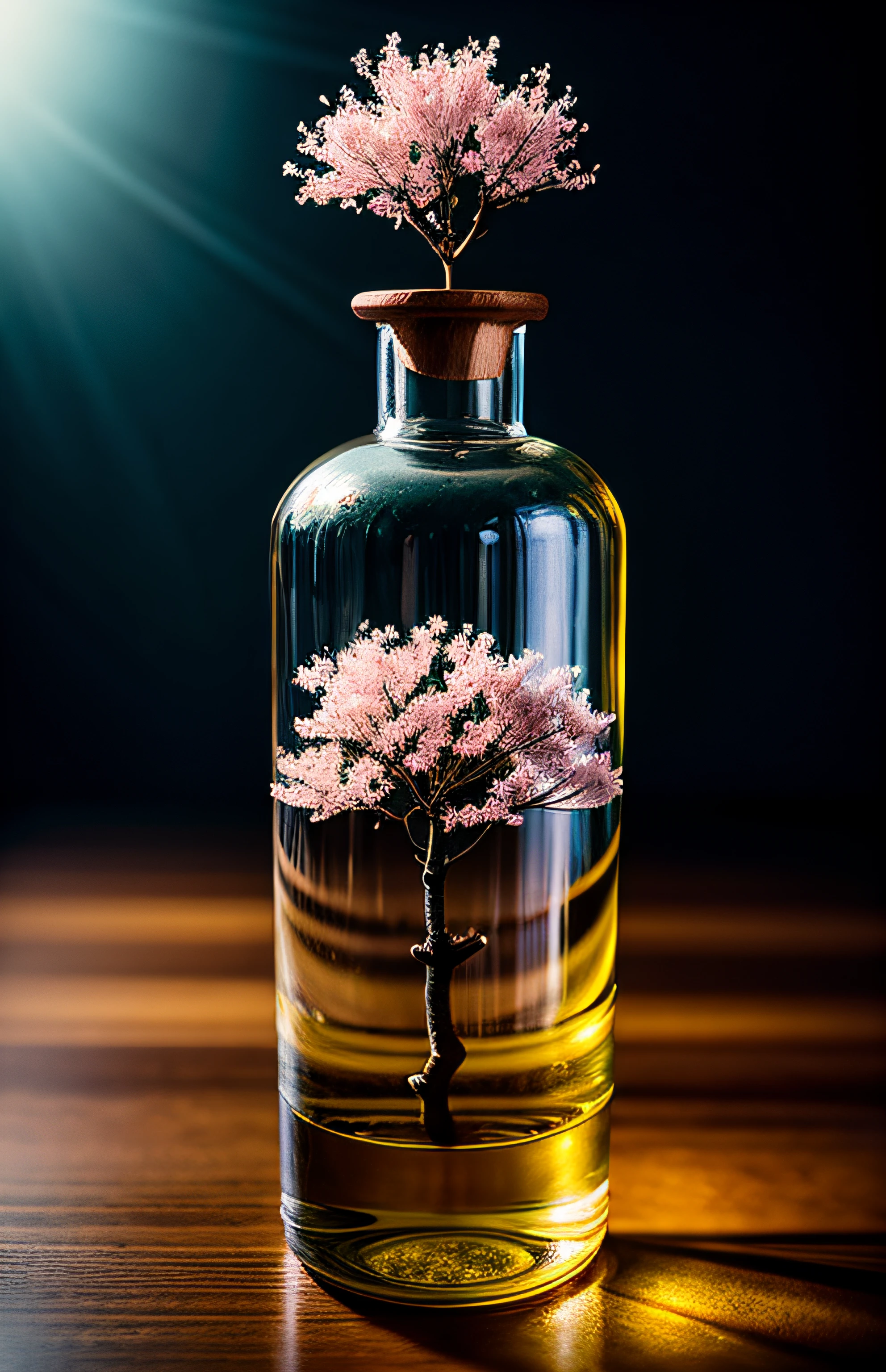 sakura tree in a bottle, fluffy, realistic, atmospheric light refraction, by lee jeffries nikon d850 film stock photograph 4 kodak portra 400 camera f1.6 lens rich colors hyper realistic lifelike texture dramatic lighting unreal engine trending on artstation cinestill 800, Style-Glass
