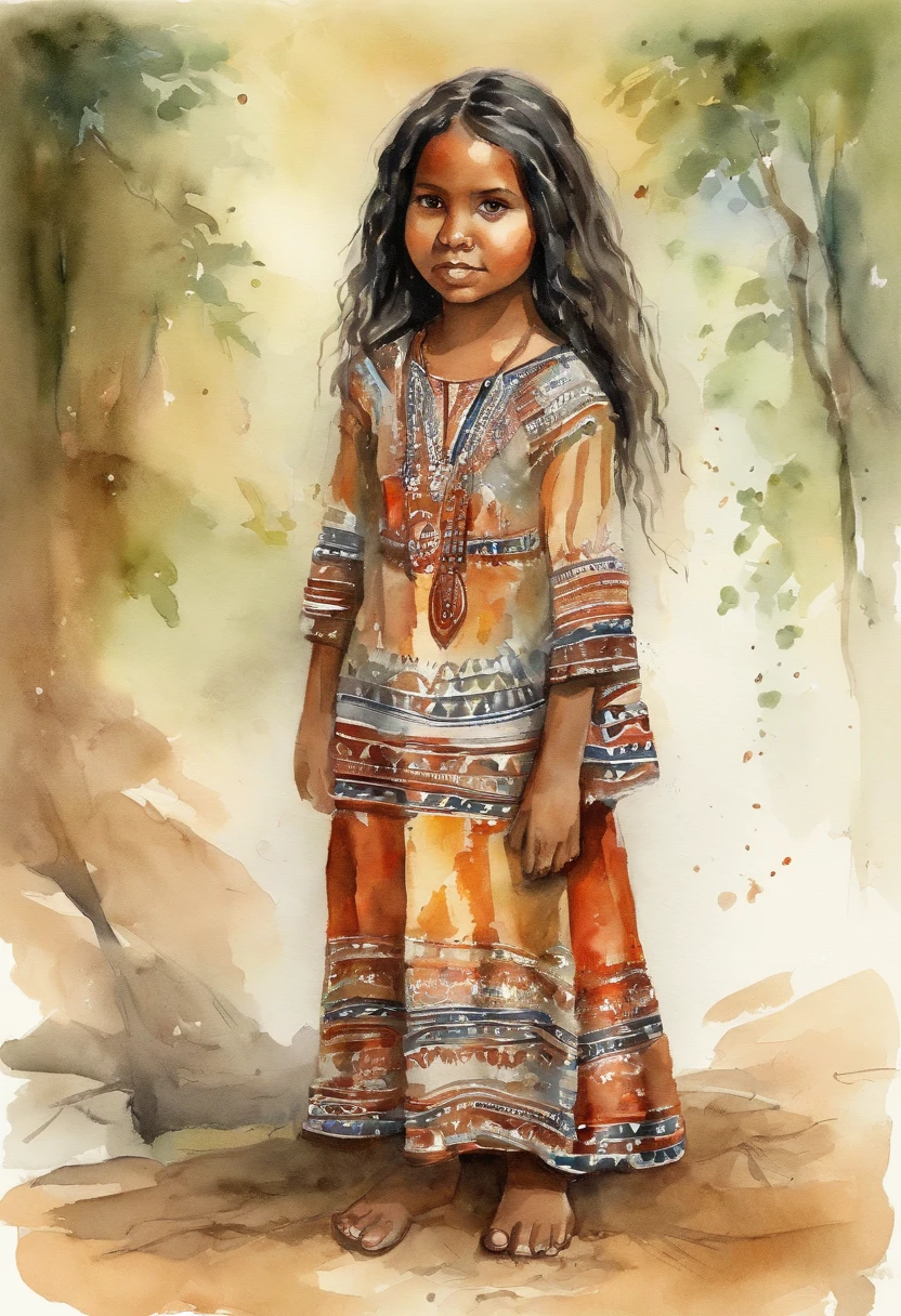 1Indigenous girl from Brazil,vestido branco,olhos fechados,sentada,cabelo longo, franja ,sorrir,corar, usando chinelo,female child,,Roupa branca,propriedade, Forest and Victoria Regia,Caudas duplas,corpo inteiro,brown hair,Estilo illustrator,barnet,cabelos pretos,cabelos longos,vestido branco