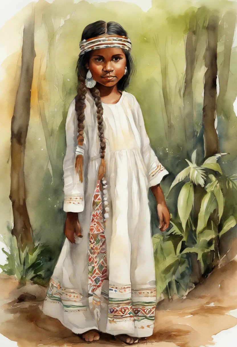 1Indigenous girl from Brazil,vestido branco,olhos fechados,sentada,cabelo longo, franja ,sorrir,corar, usando chinelo,female child,,Roupa branca,propriedade, Forest and Victoria Regia,Caudas duplas,corpo inteiro,brown hair,Estilo illustrator,barnet,cabelos pretos,cabelos longos,vestido branco