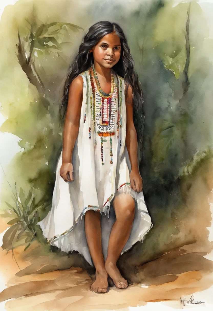 1Indigenous girl from Brazil,vestido branco,olhos fechados,sentada,cabelo longo, franja ,sorrir,corar, usando chinelo,female child,,Roupa branca,propriedade, Forest and Victoria Regia,Caudas duplas,corpo inteiro,brown hair,Estilo illustrator,barnet,cabelos pretos,cabelos longos,vestido branco