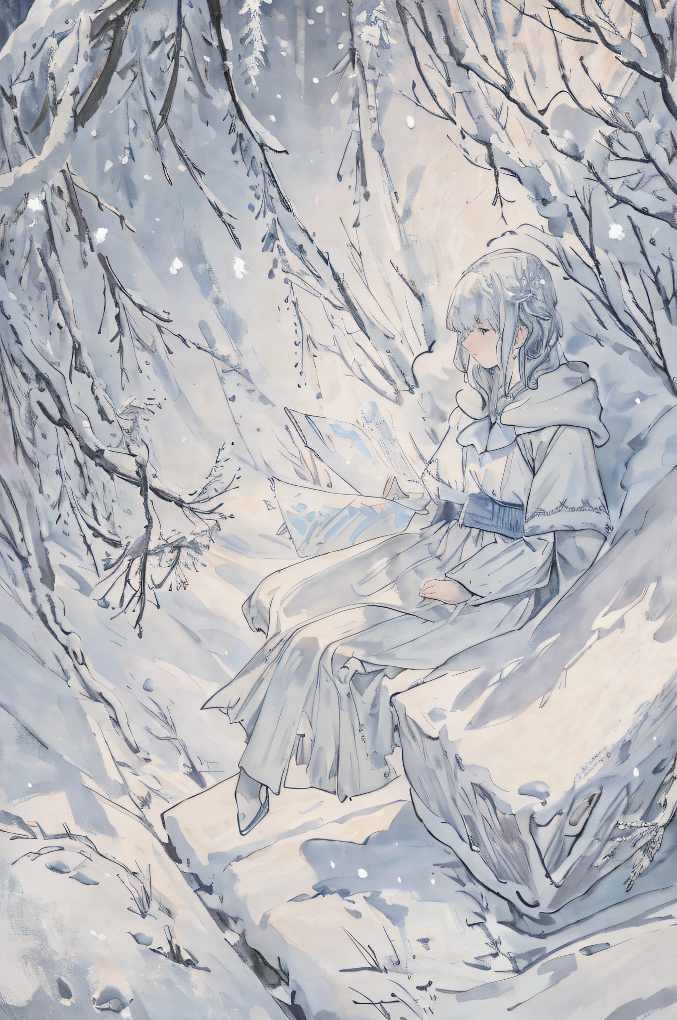 Lucy Pevensie from Narnia is facing a cold snow storm, she looks to a single, long and tall pole with a lamp lonely in the snow, snow cold forest, by Victo Ngai, Sam Guay, Abigail Larson, intricate composition, delicate colors, artsation contest winner, masterpiece, masterpiece, best quality, an extremely delicate art, ultra-detailed, highly detailed, best quality, extremely detailed, best quality, illustration, looking at viewer, impasto, canvas, oil painting, realistic, realist ,real