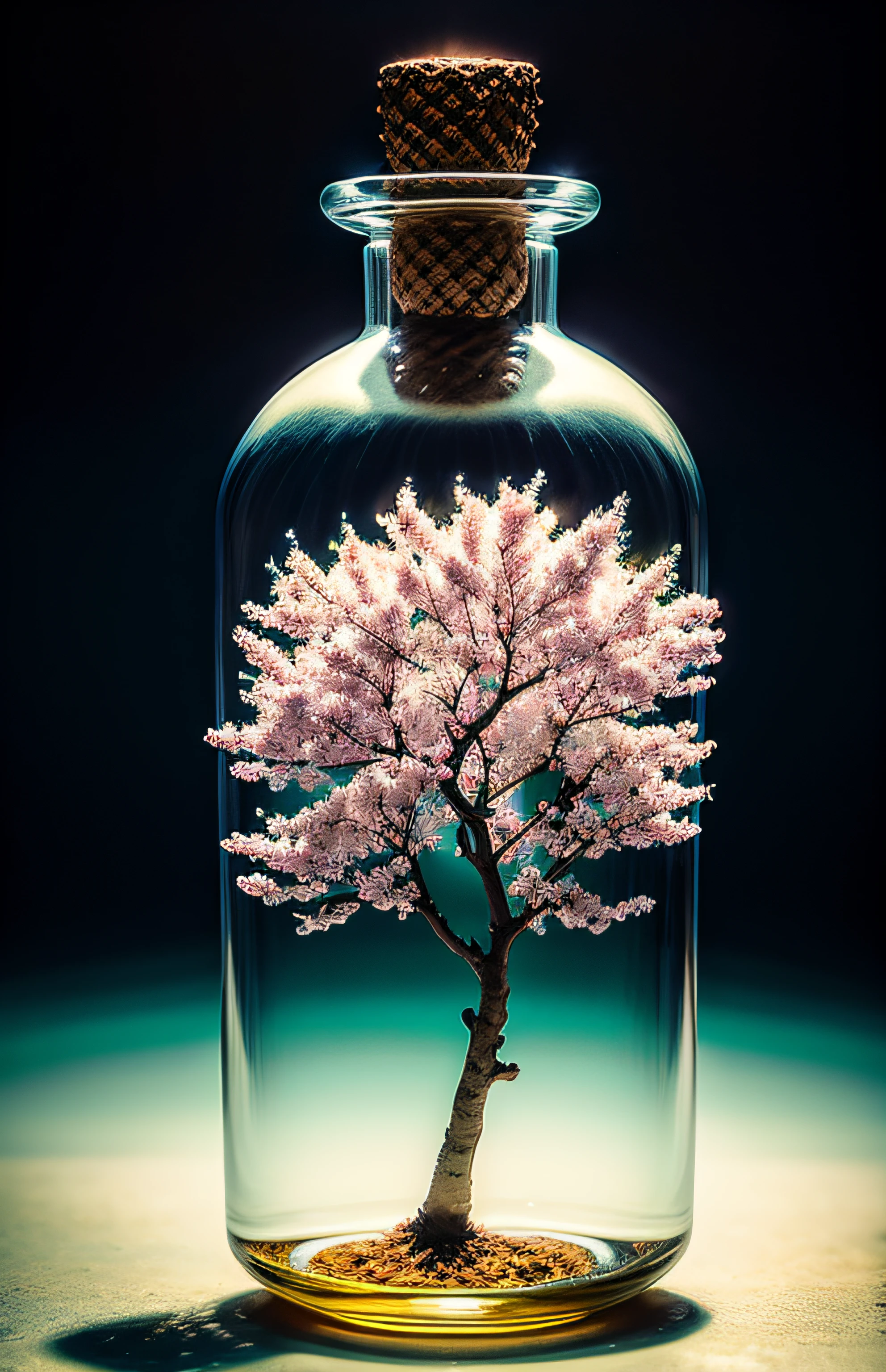 sakura tree in a bottle, fluffy, realistic, atmospheric light refraction, by lee jeffries nikon d850 film stock photograph 4 kodak portra 400 camera f1.6 lens rich colors hyper realistic lifelike texture dramatic lighting unreal engine trending on artstation cinestill 800, Style-Glass
