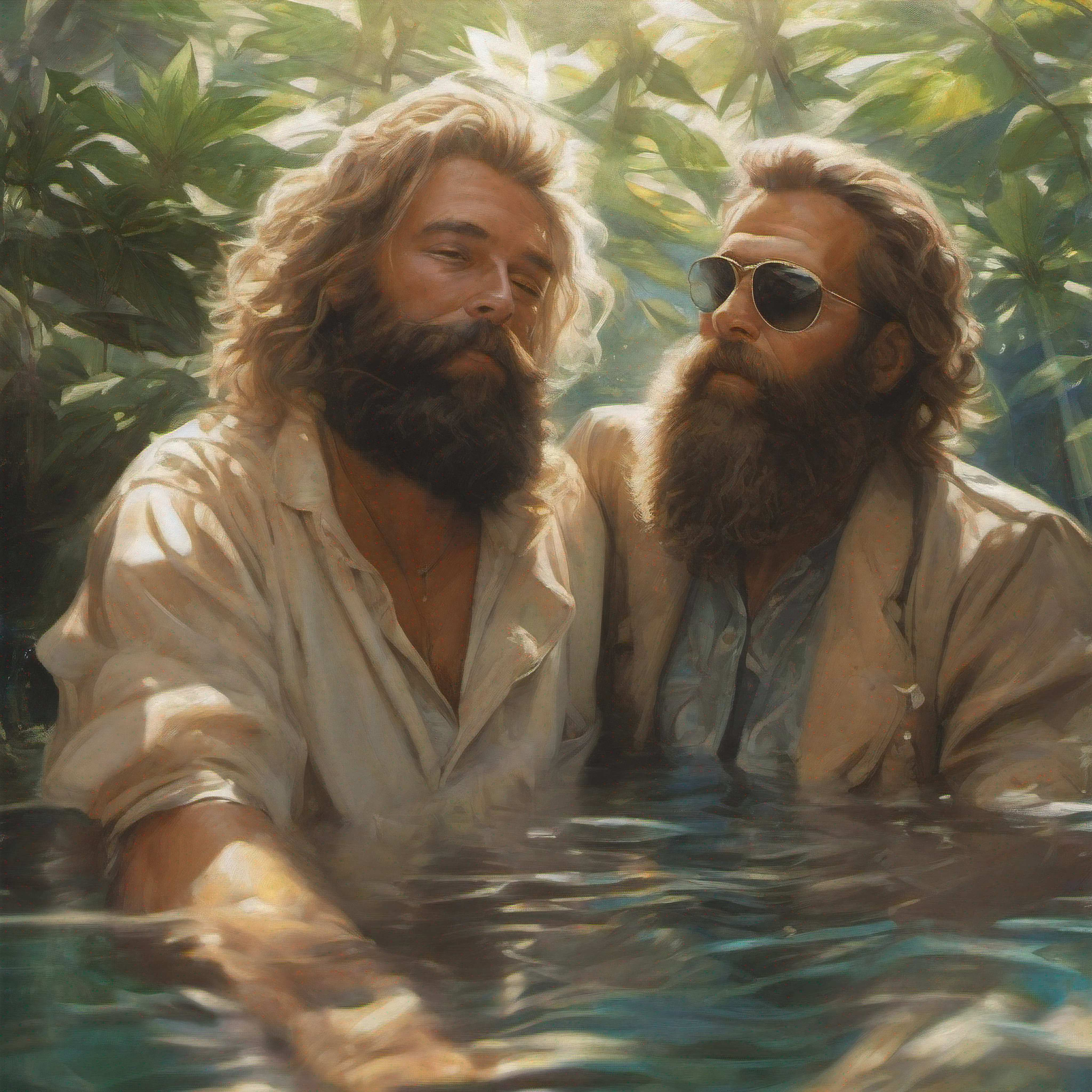 Two men with long, flowing beards and hair relaxed in a large pool filled with marijuana. Shafts of sunlight streamed through the glass ceiling above, highlighting the varied shades of blonde, brown, tan, white and gray in their hair. The men's eyes were closed and content smiles rested on their faces as they enjoyed the feeling of the vegetation cradling their bodies. The marijuana rustled gently as the men shifted, sending up a soothing herbal aroma. This was their sanctuary, a place to retreat from the stresses of the world and connect with nature. Here they found a deep sense of inner peace.