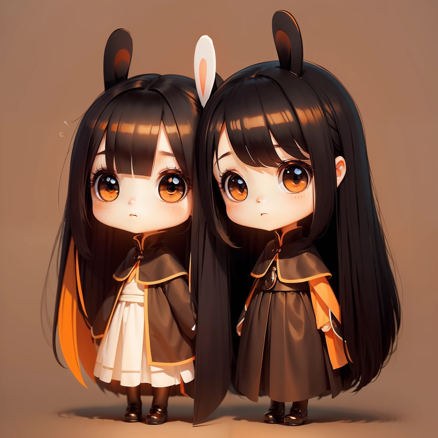 ​masterpiece、detaileds、Soft lighting、Long black-haired rabbit eared girl、Orange-eyed chibi、white backgrounid、simple background、