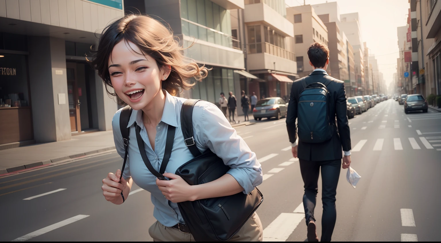 create realistic image of happy person going to work