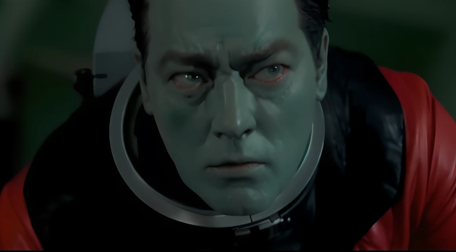 um close up de um homem com maquiagem verde e uma jaqueta vermelha, T-1000, depicted as a scifi scene, Sci - Science Fiction Movie Still, Retro Sci - Science fiction film, baron harkonnen, ! baron harkonnen!, in a scifi movie, Dark Sci - Science fiction movie scene, an evil alien astronaut, science fiction film filmed