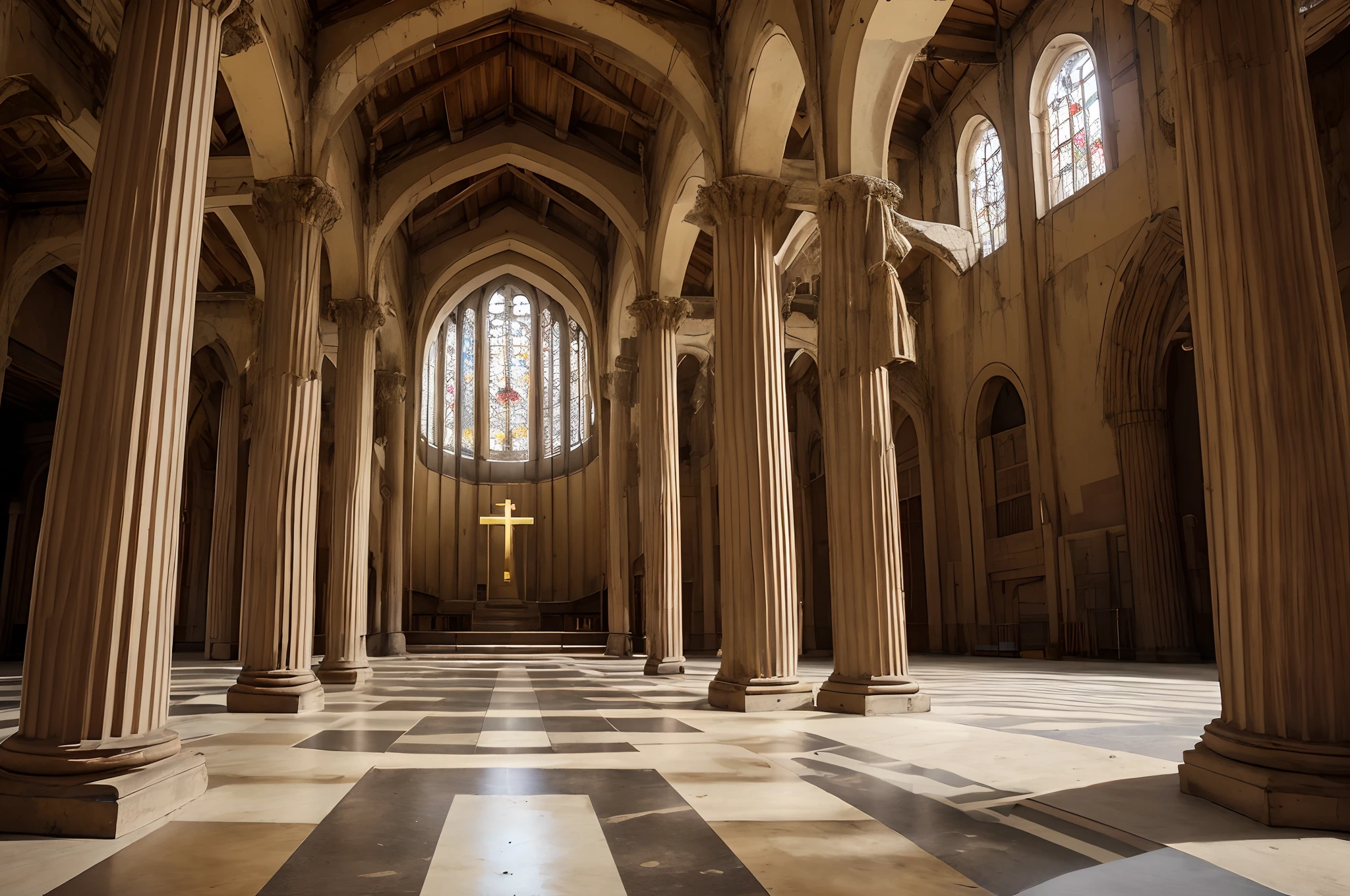 Um templo cultural e religioso antigo, African with an old-fashioned and precarious legacy with pillars full of gold ring and silver floor, full of peace and darkness of light in the background with a cross base on the ground
